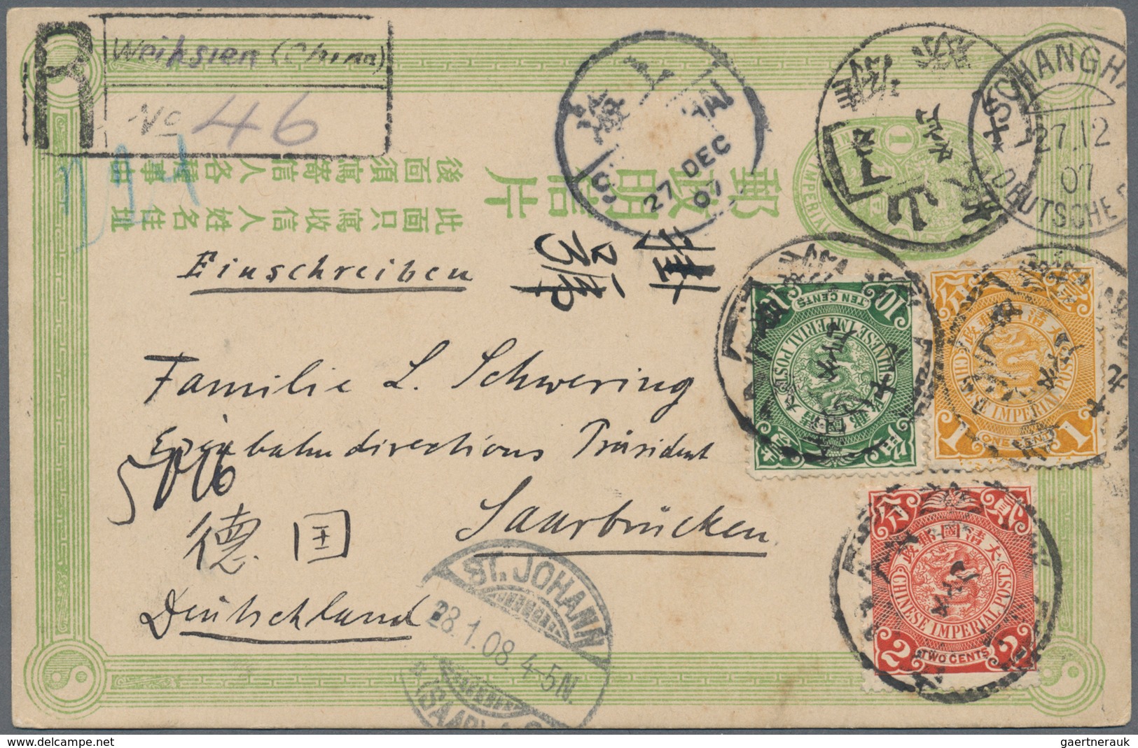 China - Ganzsachen: 1907, Card Oval 1 C. Green Uprated Coiling Dragon 1 C., 2 C., 10 C. Green Tied B - Cartes Postales