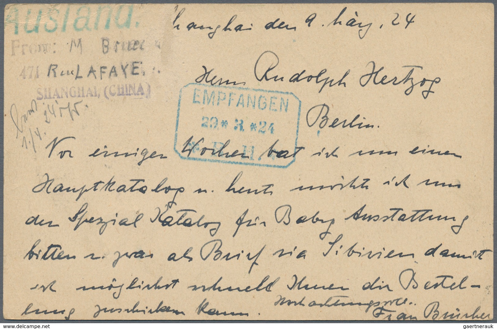 China - Ganzsachen: 1924: China 1c Junk Postal Stationery Card Cancelled Shanghai 9.3.1924 Sent To B - Cartes Postales