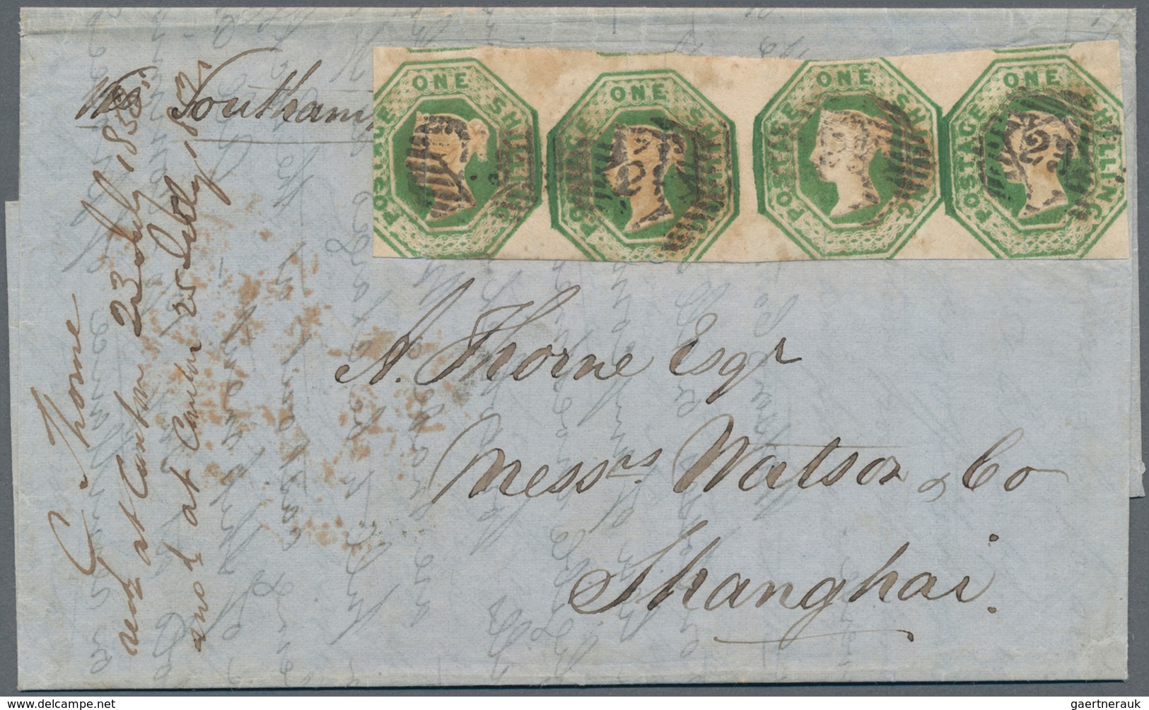 China - Incoming Mail: 1853, England, QV 1 Sh. Greenoctogonal Imperf. Horizontal Strip-4 (faults) Ca - Sonstige & Ohne Zuordnung