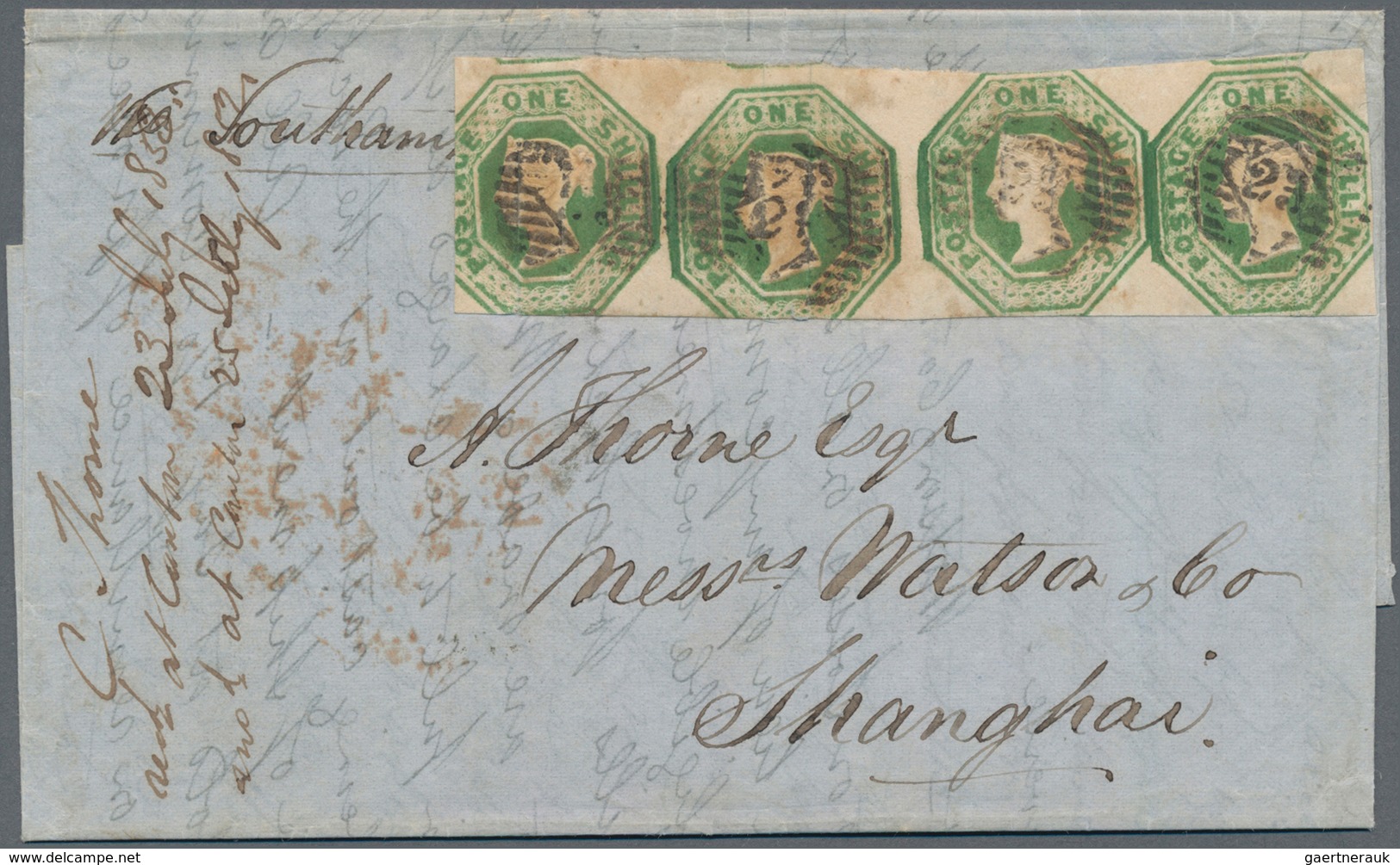 China - Incoming Mail: 1853, England, QV 1 Sh. Greenoctogonal Imperf. Horizontal Strip-4 (faults) Ca - Otros & Sin Clasificación