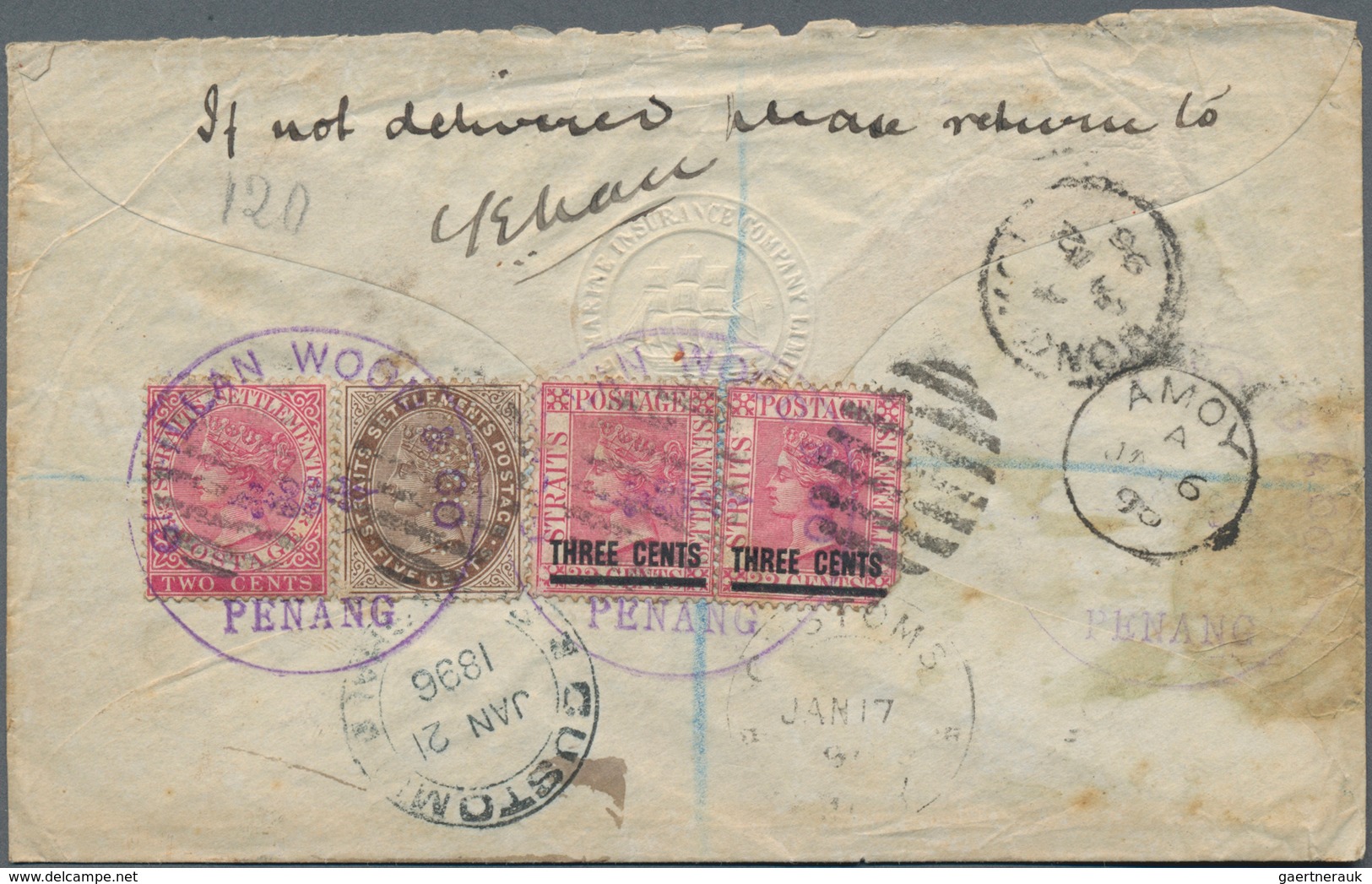 China - Incoming Mail: 1896, Straits Settlements QV 3 C./1 C. Etc. (one RC) Tied "Penang" Inc. Compa - Otros & Sin Clasificación