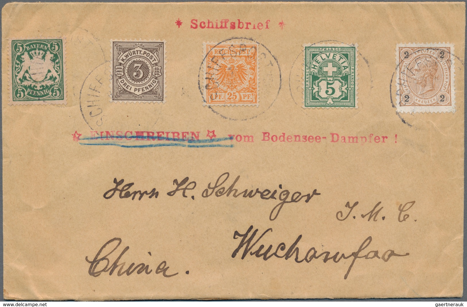 China - Incoming Mail: 1899, "BODENSEE SCHIFFSPOST" Letter With 5-country-franking From All Countrie - Sonstige & Ohne Zuordnung