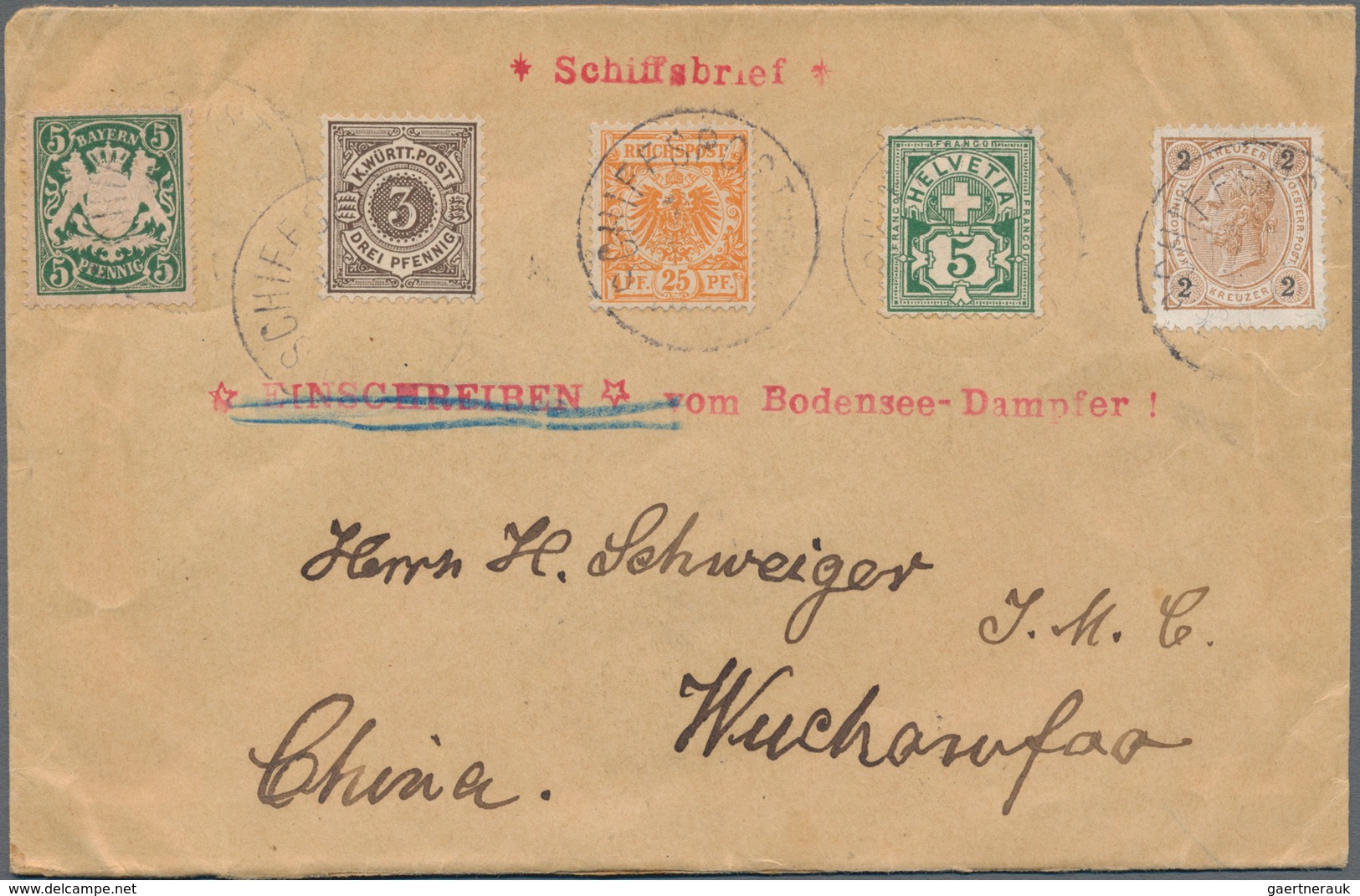 China - Incoming Mail: 1899, "BODENSEE SCHIFFSPOST" Letter With 5-country-franking From All Countrie - Otros & Sin Clasificación