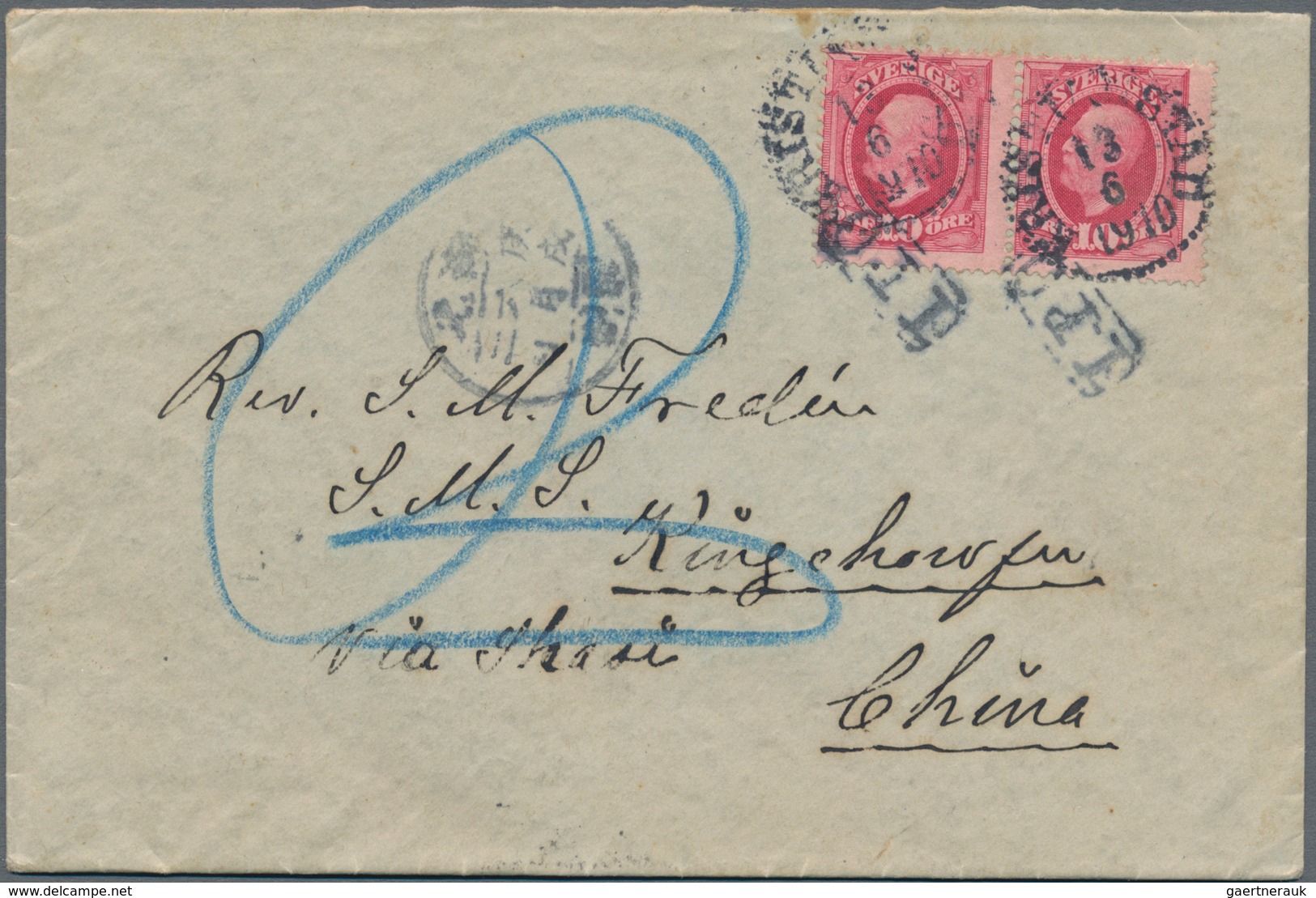 China - Incoming Mail: 1910, Sweden, 2 X 10 C Carmine Oscar II, Both Stamps With Boxed "I.P.O." Tiep - Sonstige & Ohne Zuordnung