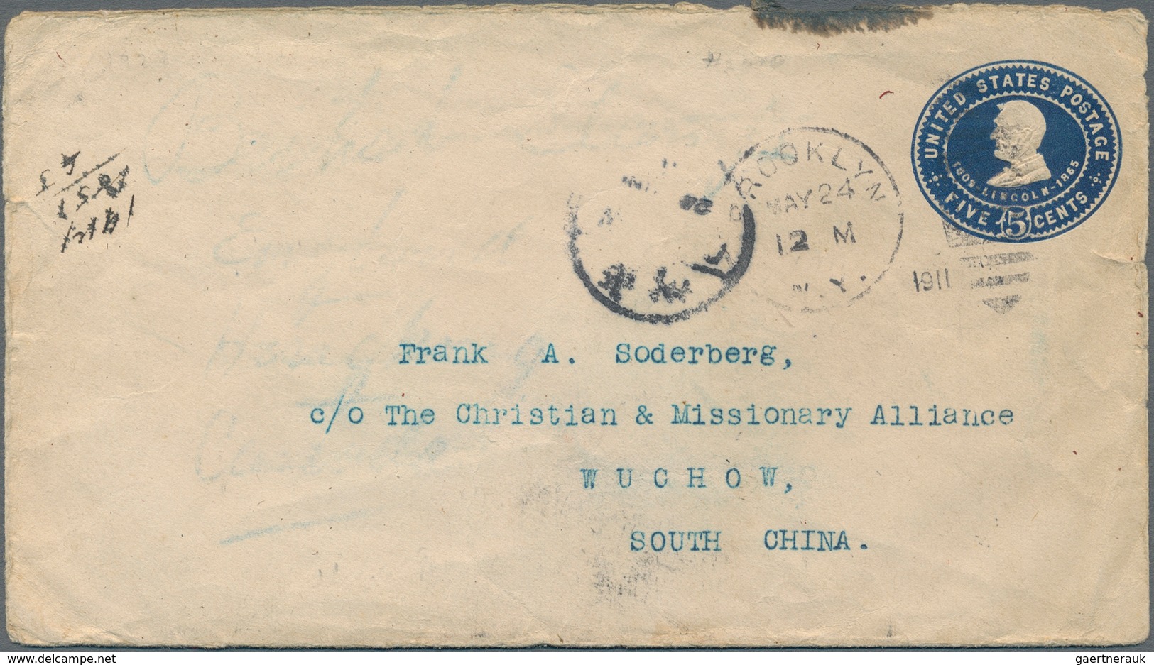 China - Incoming Mail: 1911, USA, Envelope Lincoln 5 C. "Brooklyn May 24 1911" To Wuchow, On Reverse - Sonstige & Ohne Zuordnung