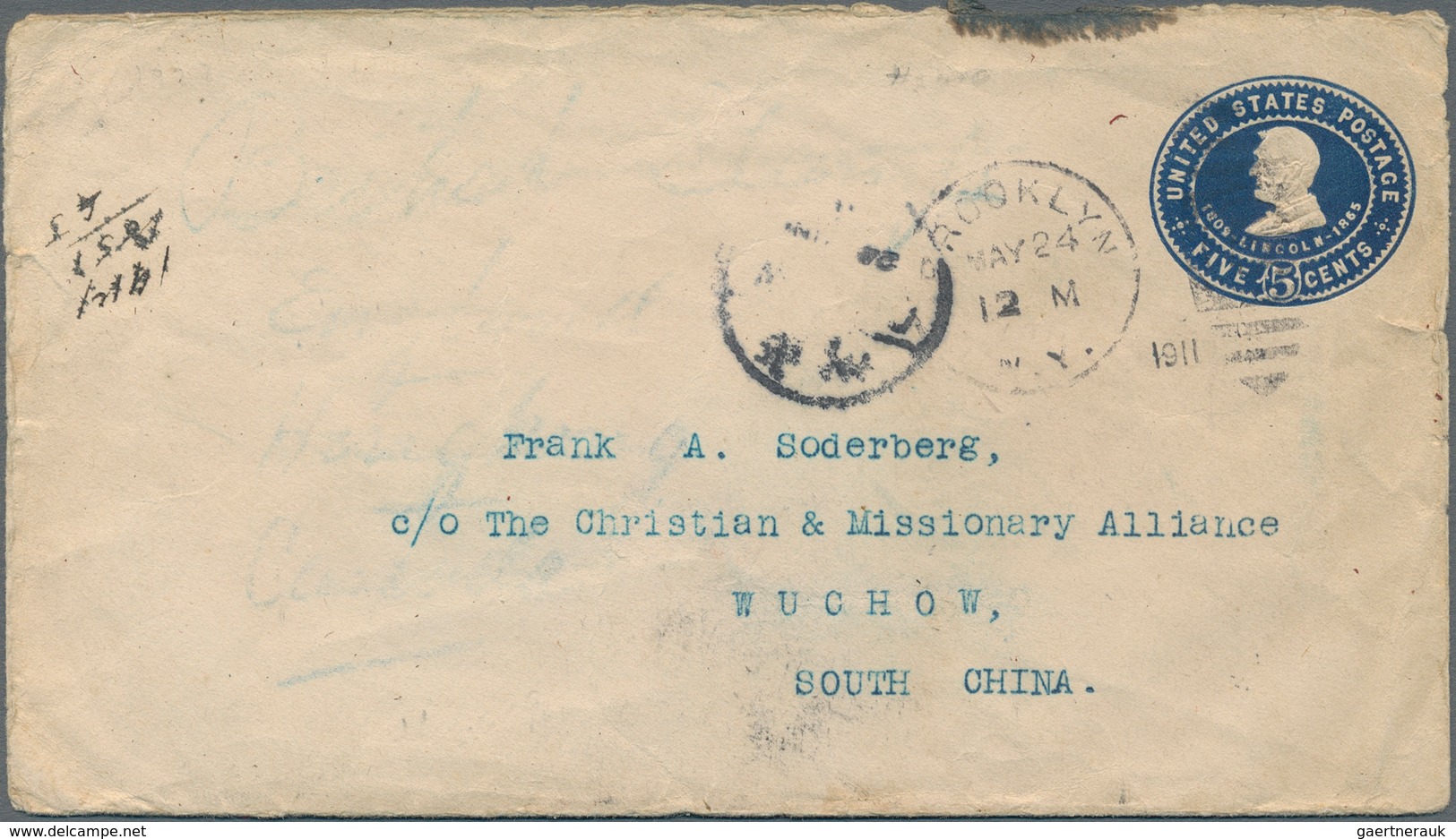 China - Incoming Mail: 1911, USA, Envelope Lincoln 5 C. "Brooklyn May 24 1911" To Wuchow, On Reverse - Otros & Sin Clasificación