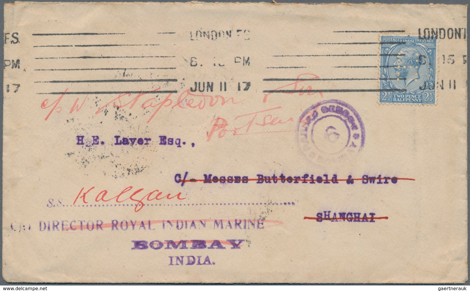 China - Incoming Mail: UK, 1917, Cover KGV 2 1/2d Tied "LONDON JUN 11 17" To Cover To Shanghai, Then - Sonstige & Ohne Zuordnung