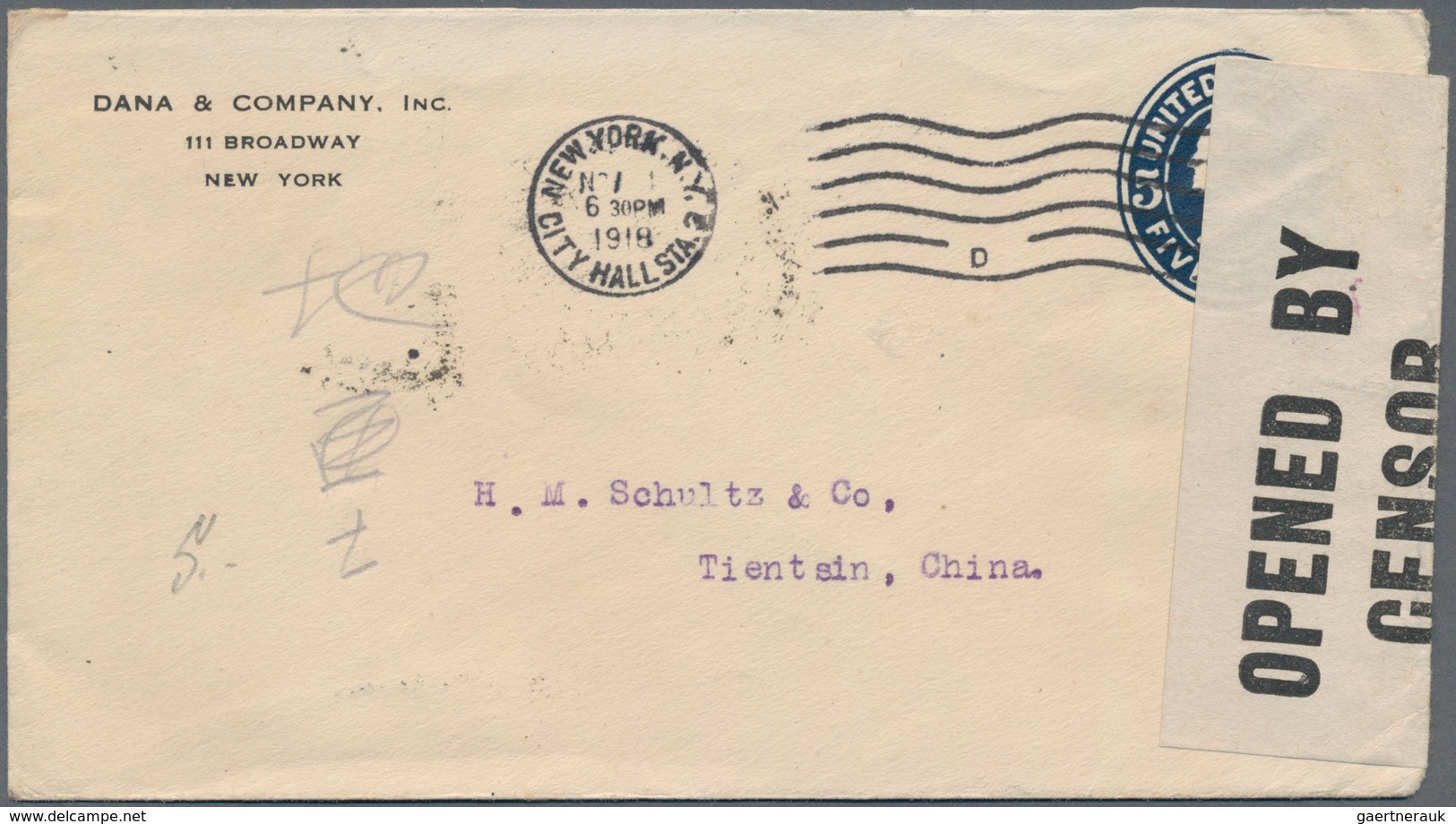 China - Incoming Mail: 1918, USA, Stationery Envelope 5 C. "NEW YORK CITY HALL STA. NOV 1 1918" To T - Andere & Zonder Classificatie