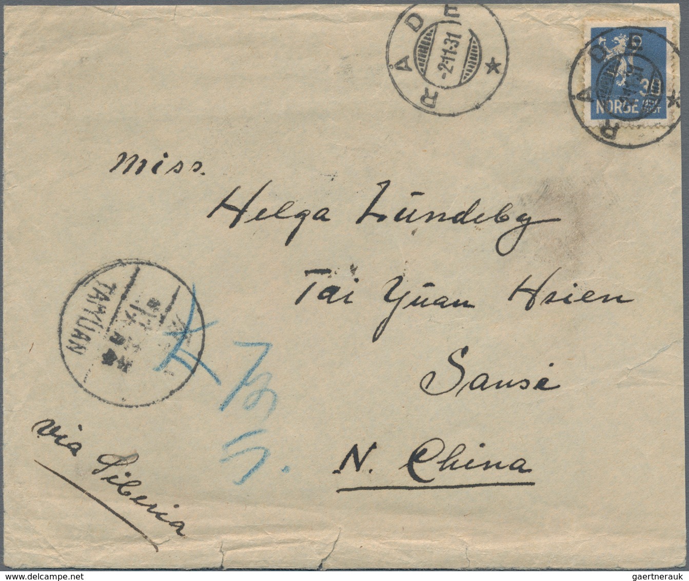 China - Incoming Mail: 1931, Norway: Letter From RADE, NORWAY To TAIYUAN HAIEN With Arrival Mark On - Andere & Zonder Classificatie