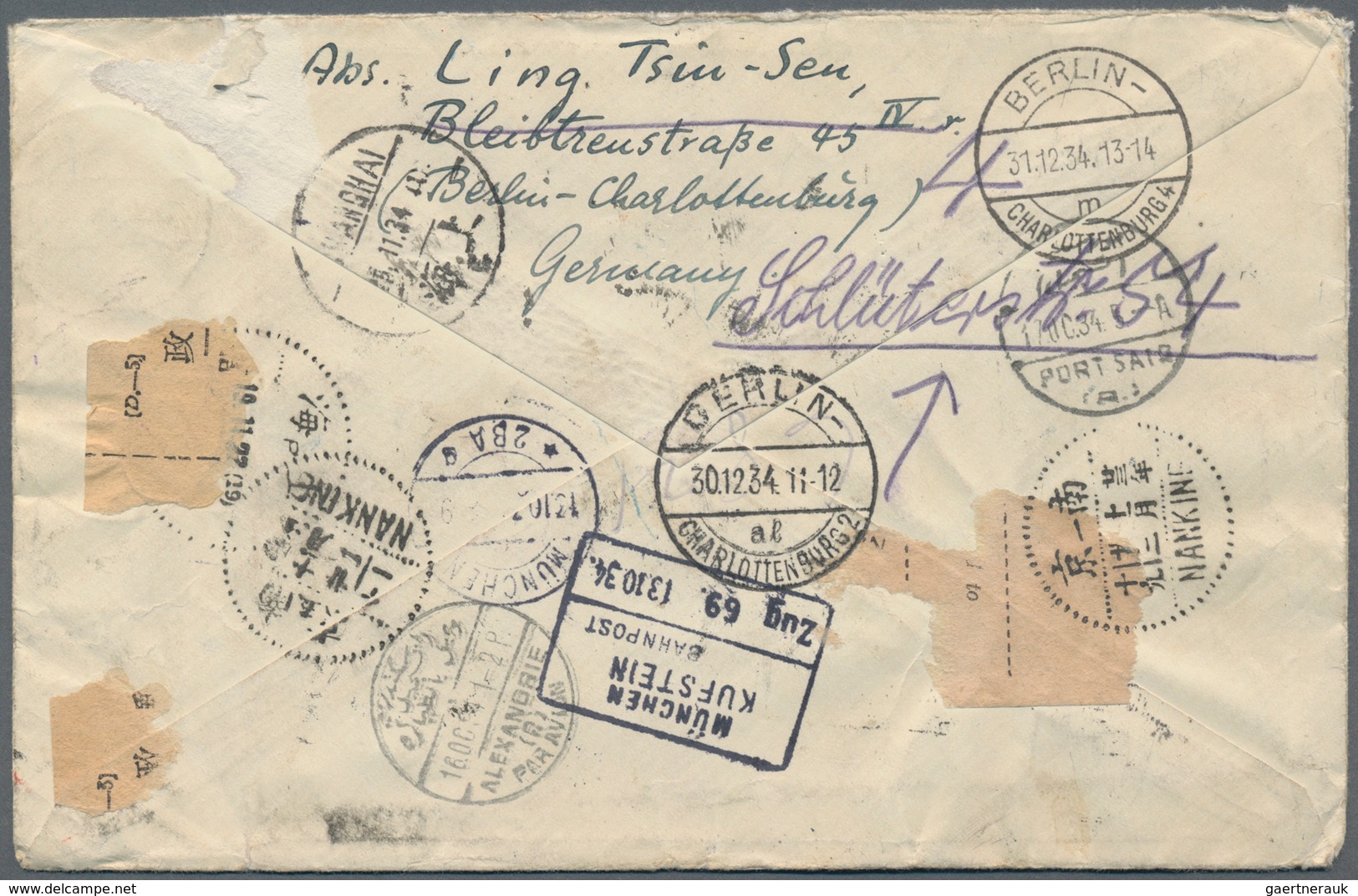 China - Incoming Mail: Germany, 1934, Total 85 Pf. Tied "BERLIN-CHARLOTTENBURG 12.10.34" To Airmail - Otros & Sin Clasificación