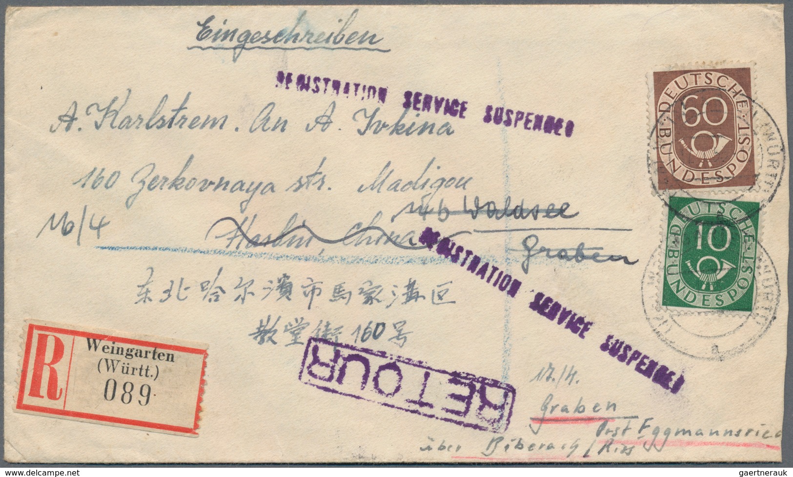 China - Incoming Mail: 1953, Incoming Mail: Federal Republic Of Germany, 10 Pf And 60 Pf Posthorn On - Sonstige & Ohne Zuordnung