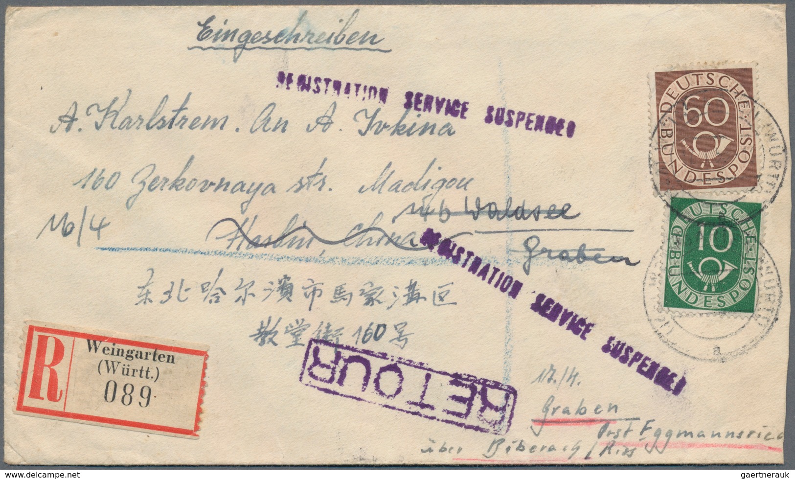 China - Incoming Mail: 1953, Incoming Mail: Federal Republic Of Germany, 10 Pf And 60 Pf Posthorn On - Otros & Sin Clasificación