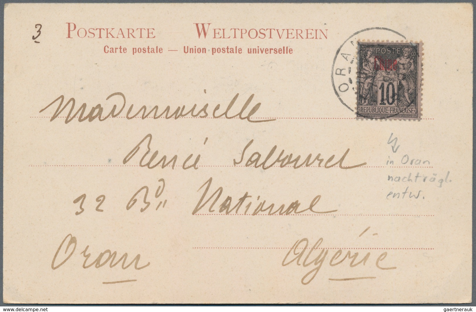 China - Fremde Postanstalten / Foreign Offices: 1902, 10 C. Ovpt. "Chine" Tied "ORAN 7 FEVR 02" To P - Sonstige & Ohne Zuordnung