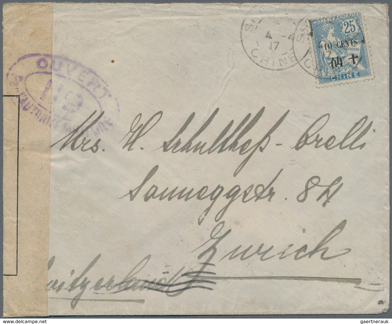 China - Fremde Postanstalten / Foreign Offices: France, 1917, 10 C./25 Cts Tied "SHANGHAI 4-4 17" To - Sonstige & Ohne Zuordnung