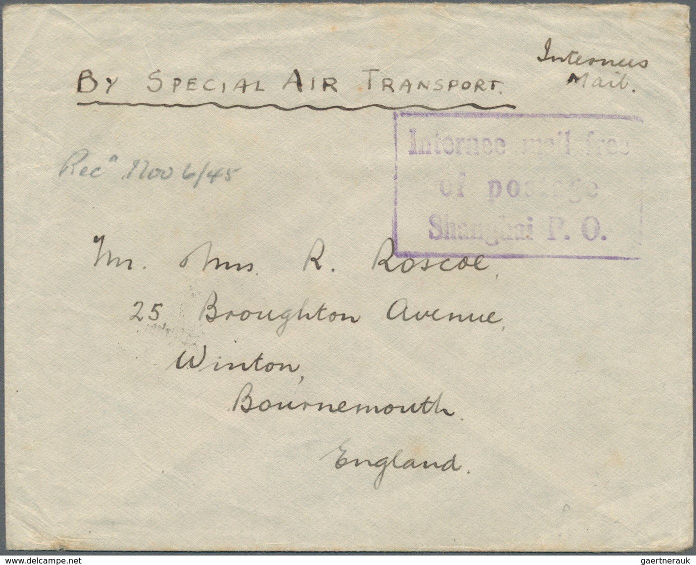 China - Besonderheiten: 1945, INTERNEE SPECIAL AIRMAIL, Stampless Airmail-cover From Japanese Intern - Sonstige & Ohne Zuordnung