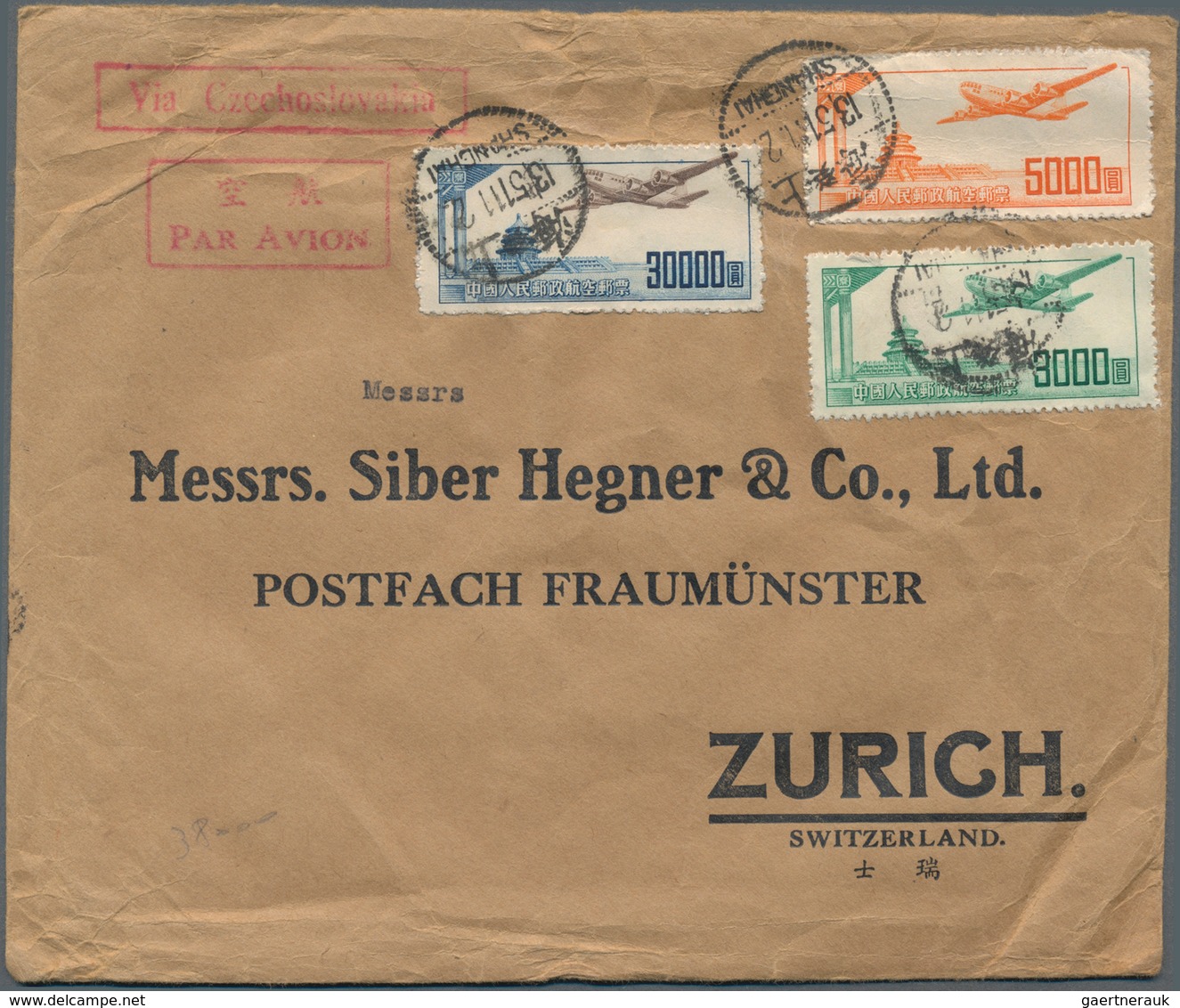 China - Volksrepublik: 1951, Airmail Issues, All Values Represented On Airmail Covers (3) To Switzer - Andere & Zonder Classificatie