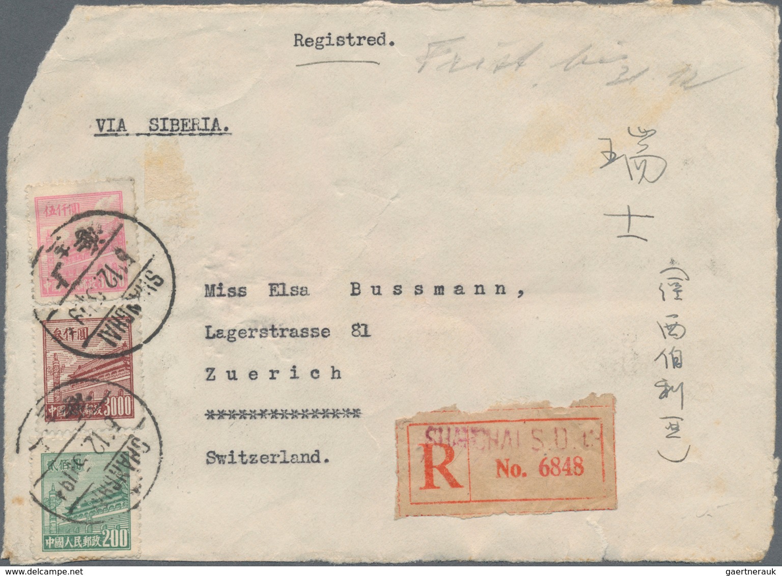 China - Volksrepublik: 1950/51, Tien AnMen issues up to $20.000 on airmail covers (6) all to Switzer