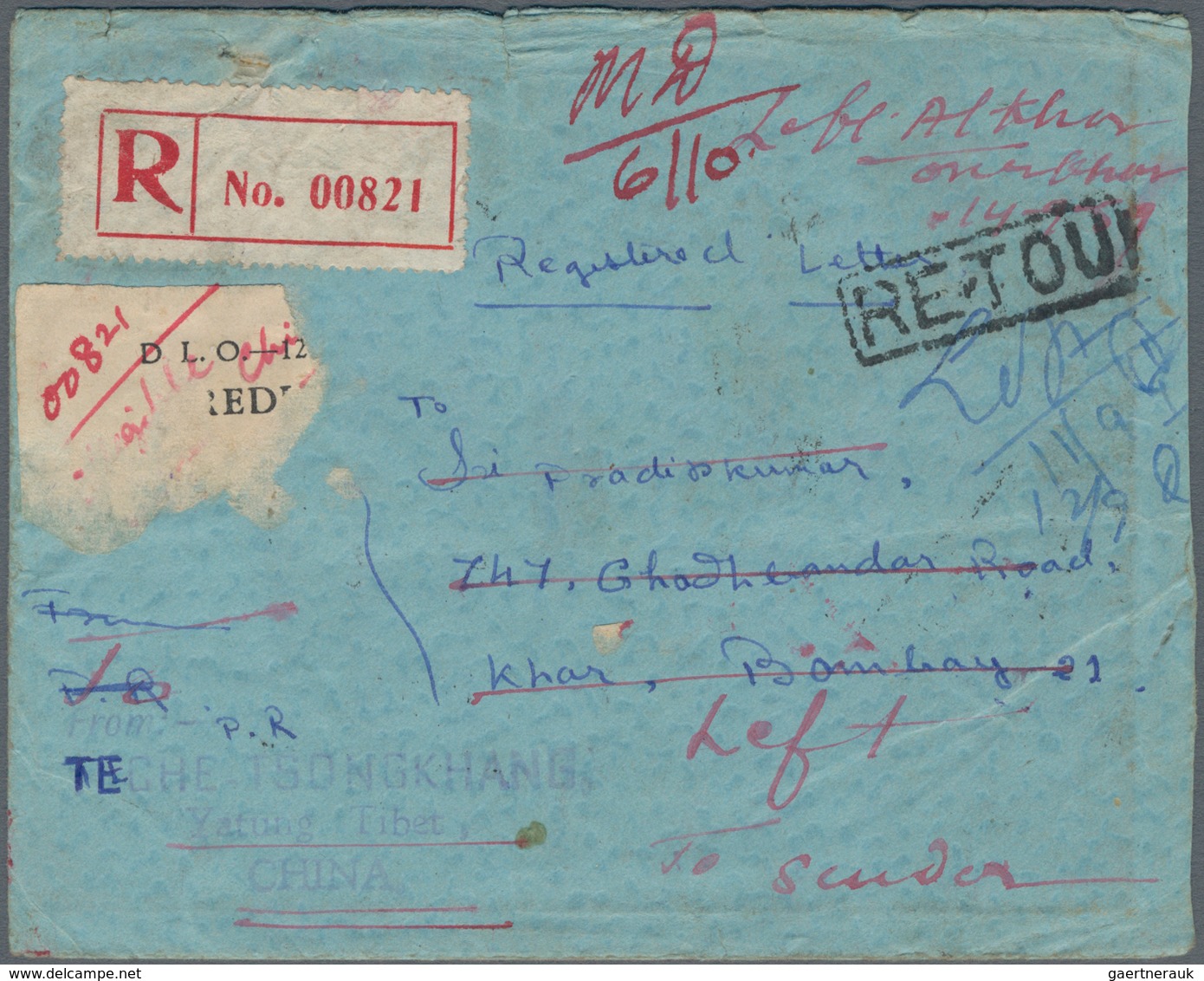 China - Volksrepublik: 1958/59, Used In Tibet: 32 F. Frank Tied "Yatung 59.9.7" To Reverse Of Regist - Other & Unclassified