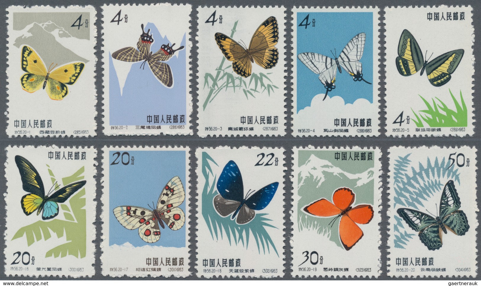 China - Volksrepublik: 1963, Butterflies, Two Full Sets Of 20, Both Mint No Gum As Issued And CTO Us - Sonstige & Ohne Zuordnung