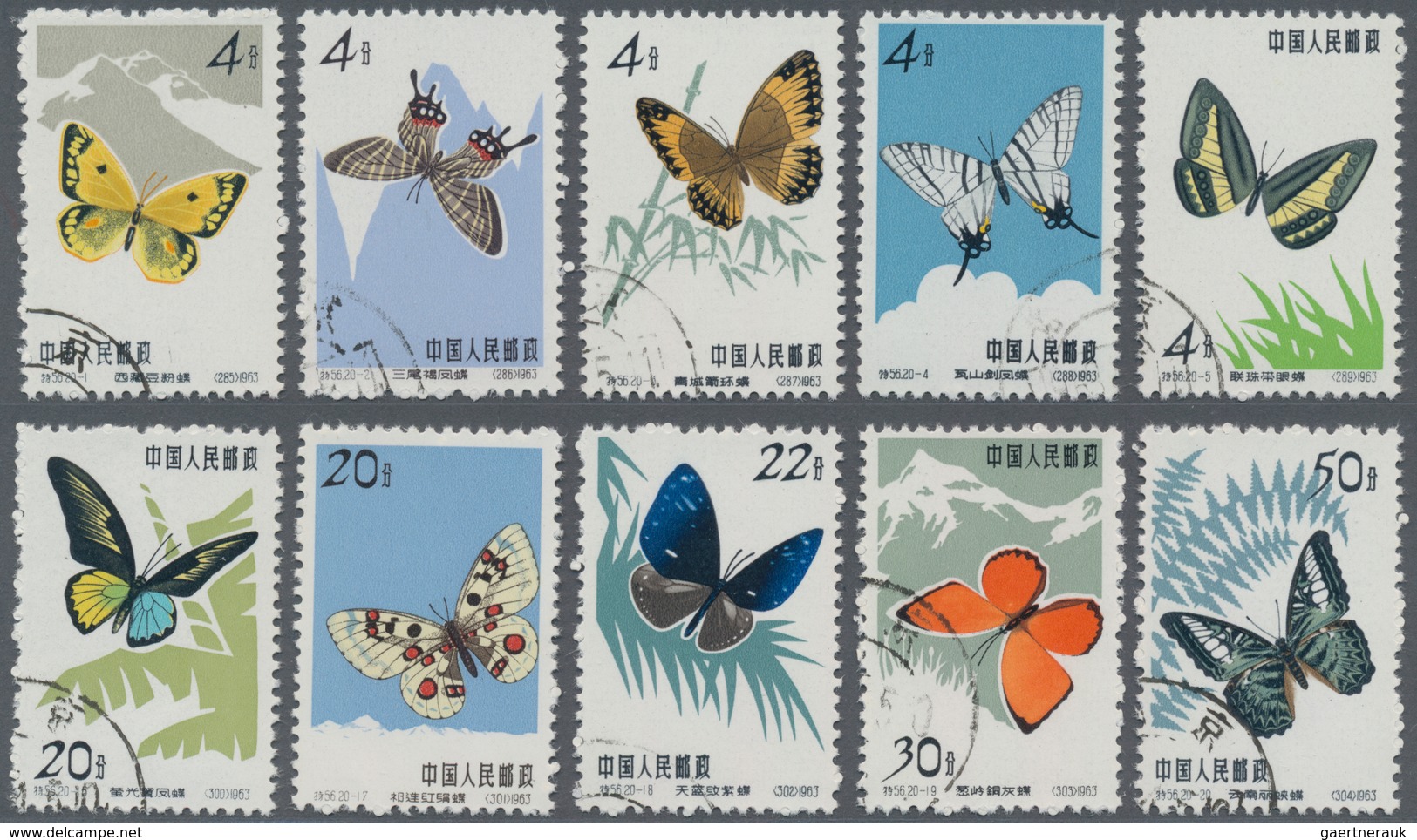 China - Volksrepublik: 1963, Butterflies, Two Full Sets Of 20, Both Mint No Gum As Issued And CTO Us - Sonstige & Ohne Zuordnung