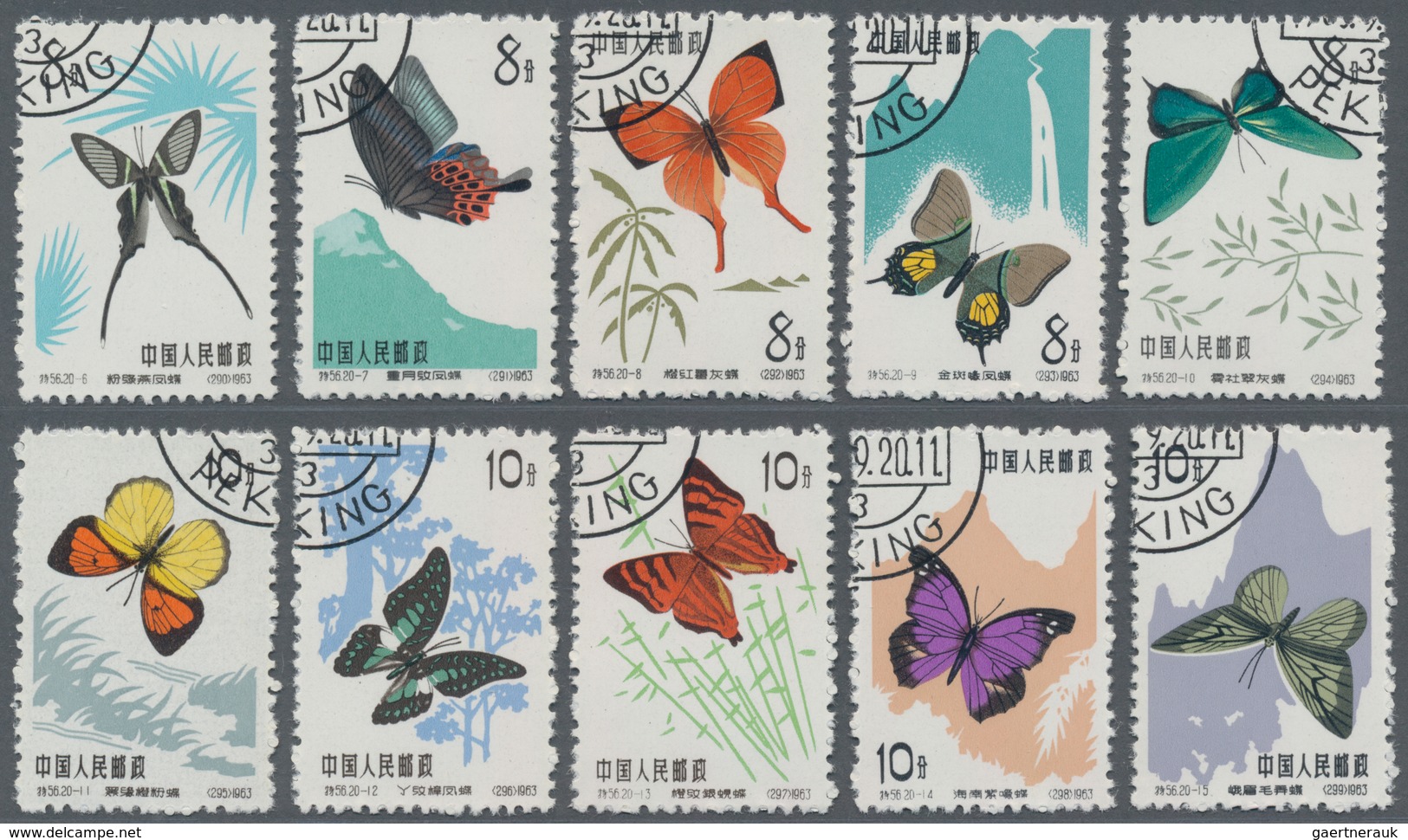 China - Volksrepublik: 1963, Butterflies, two full sets of 20, both mint no gum as issued and CTO us