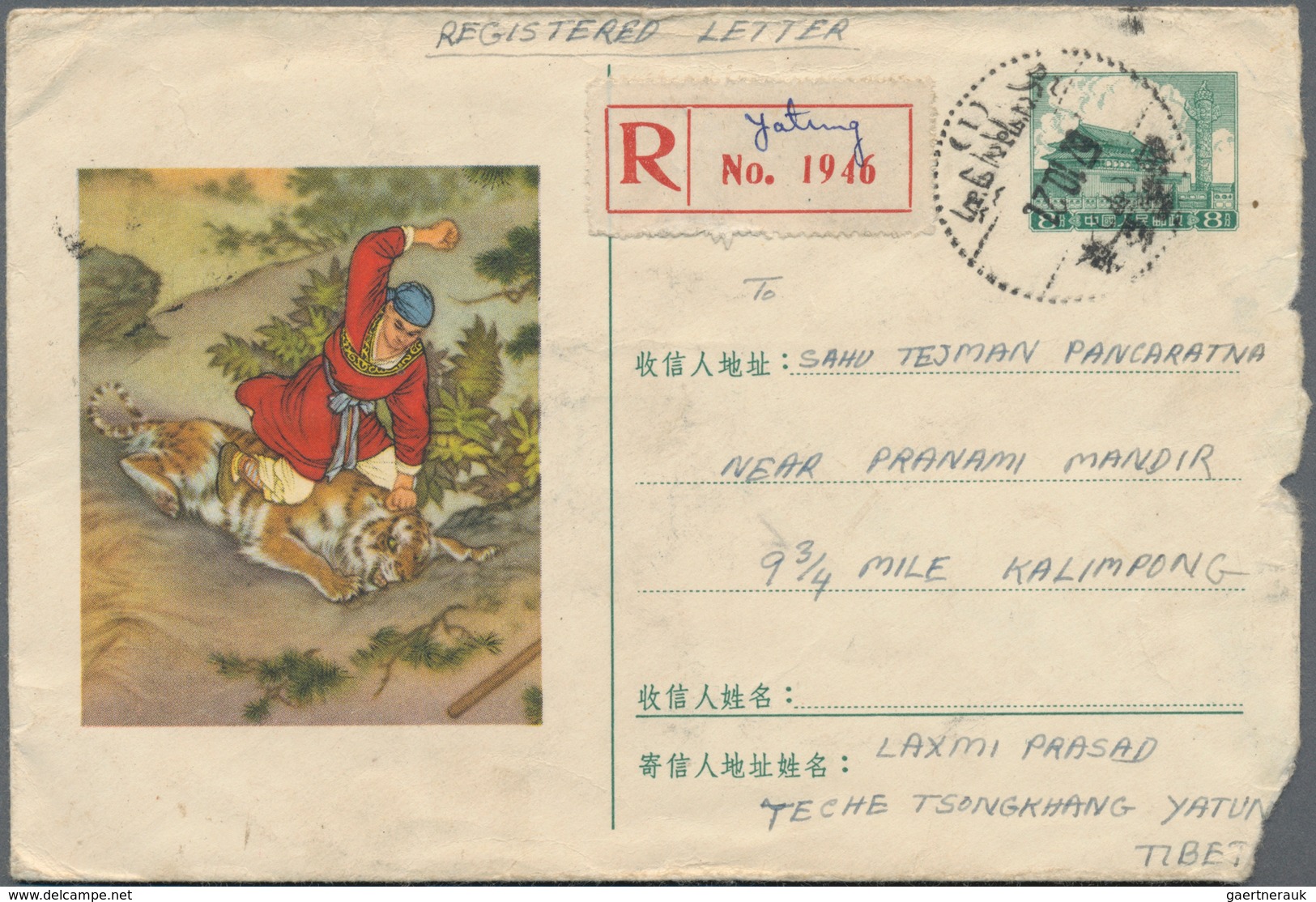 China - Volksrepublik - Ganzsachen: 1957, Tibet Usage: Artist Envelope 8 F. Green "killing Tiger" Il - Ansichtskarten