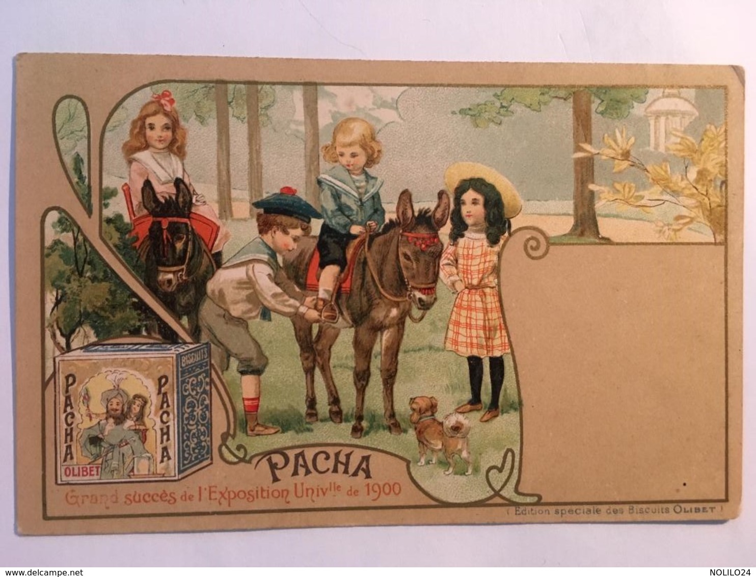 CPA,   Publicité Pacha Biscuits Olibet, Grand Succès Exposition Universelle 1900 Illustration Enfants ânes Chien - Publicité