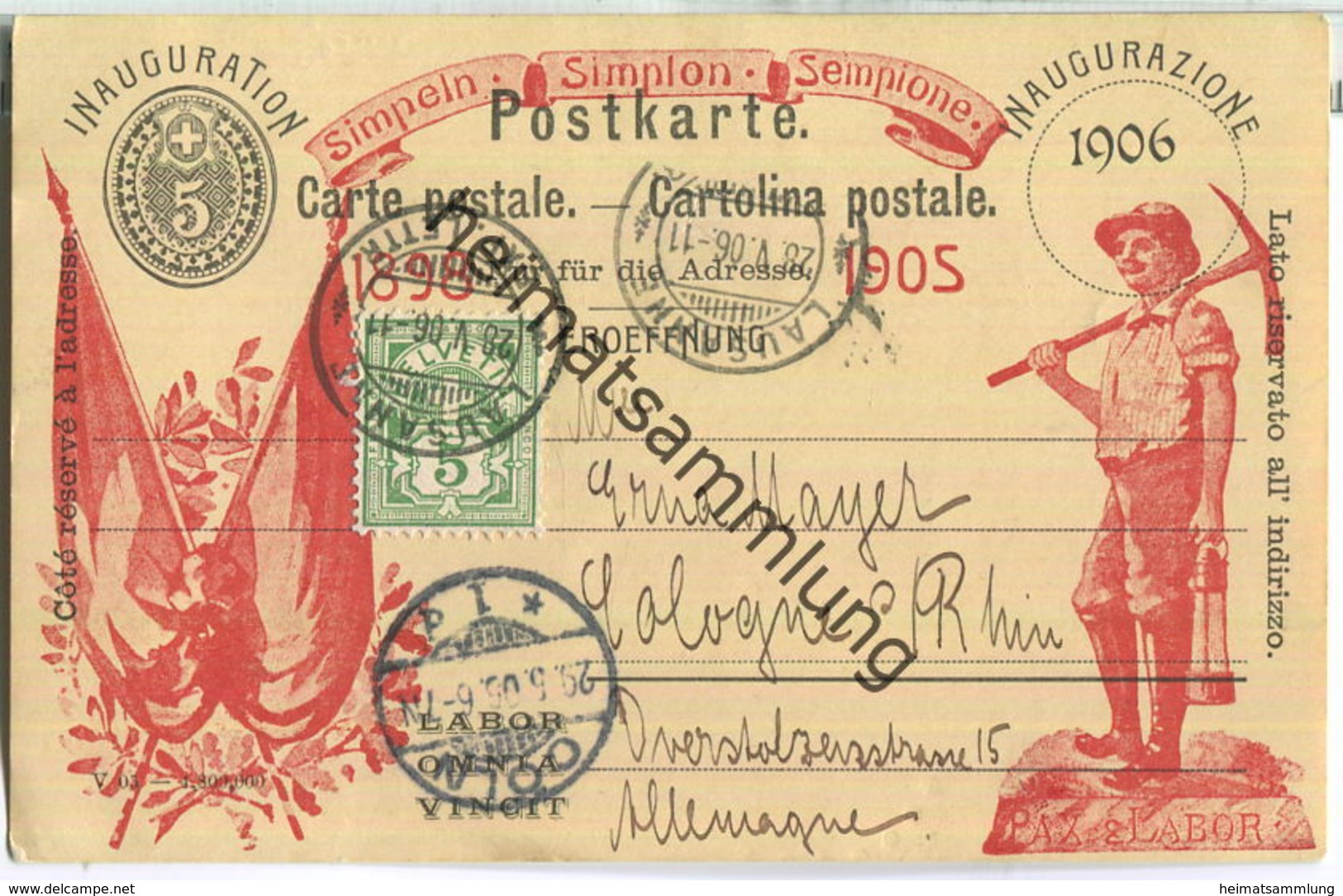 Postkarte - Einweihung Des Simplontunnels - Inauguration-Eröffnung-Inaugurazione-1906 - Labor Omnia Vincit - Entiers Postaux