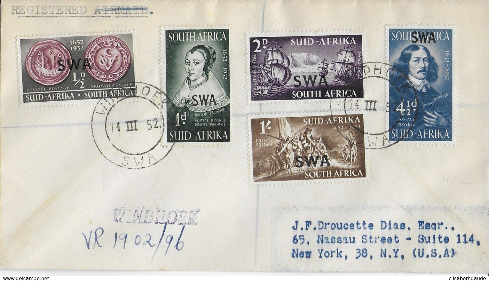 SWA - 1952 - SERIE COMPLETE YVERT N° 227/231 Sur ENVELOPPE RECOMMANDEE De WINDHOEK => NEW-YORK (USA) - - Africa Del Sud-Ovest (1923-1990)