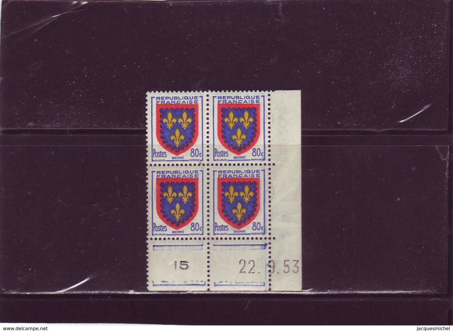 N° 959- 80c Blason Du BERRI - B De A+B - 1° Tirage Du 17.9.53 Au 22.9.53 - 22.9.1953 - Dernier Jour - - 1950-1959