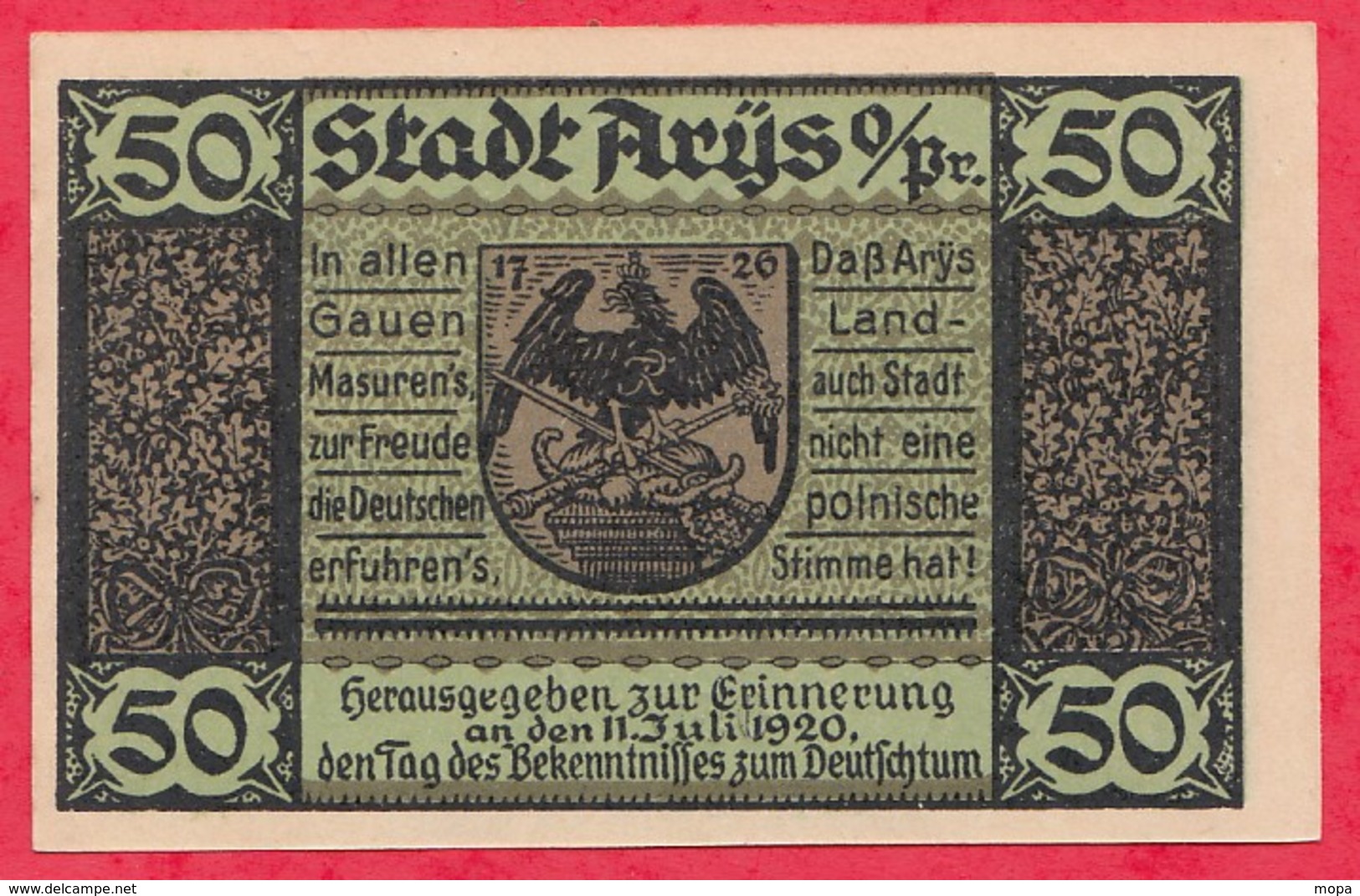 Allemagne 1 Notgeld De 50 Pfenning  Stadt Arys Dans L 'état  N °3877 - Colecciones