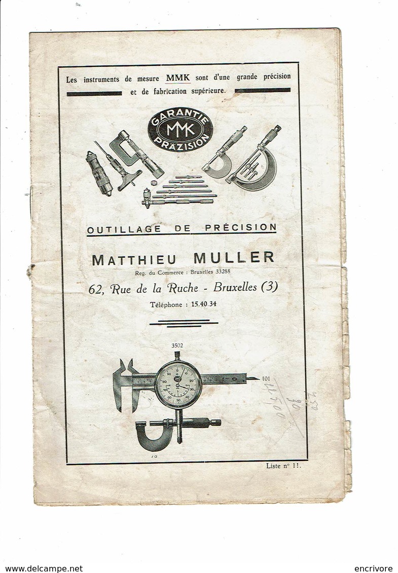 MATTHIEU MULLER MMK Outillage De Précision Horlogerie BRUXELLES Liste 11 - 1900 – 1949