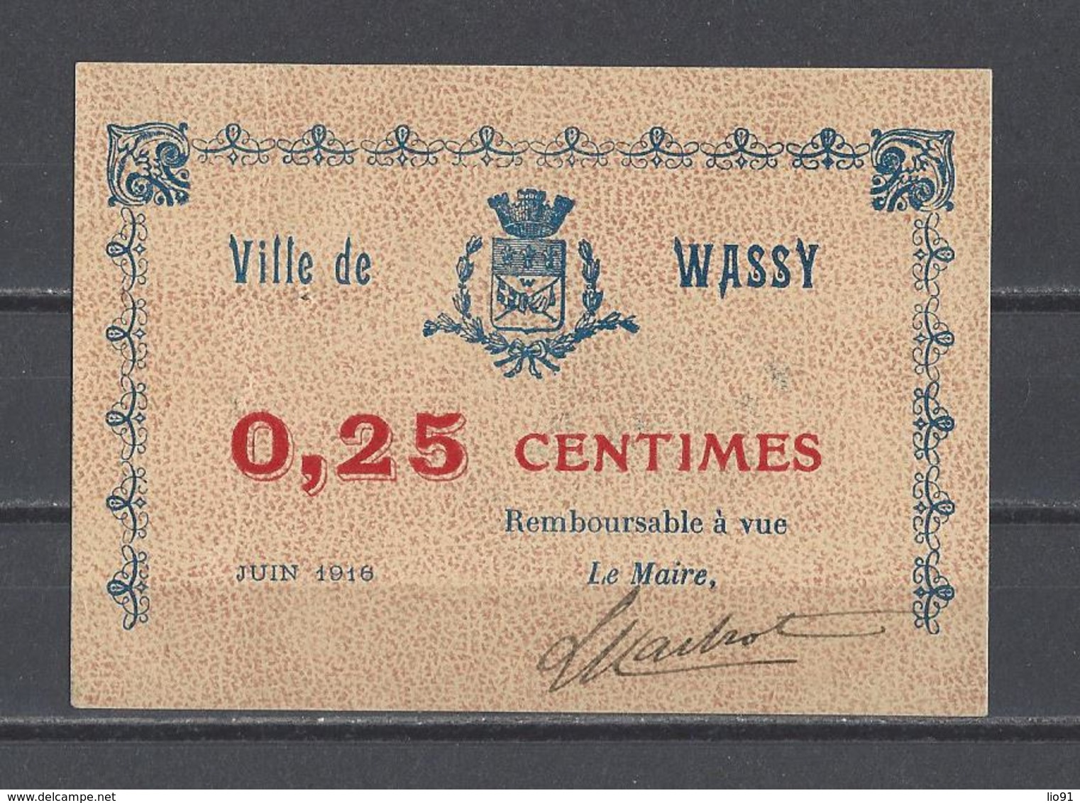 Bon Nécessité  Ville De WASSY  Bon De 0.25 - Bonos