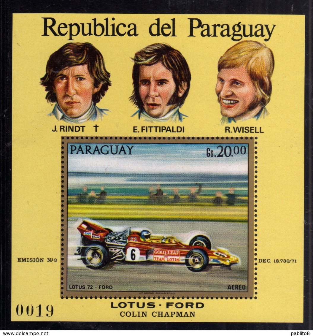 PARAGUAY 1972 LOTUS FORD COLIN CHAPMAN FORMULA 1 RINDT FITTIPALDI WISELL BLOCK SHEET BLOCCO FOGLIETTO MNH - Paraguay