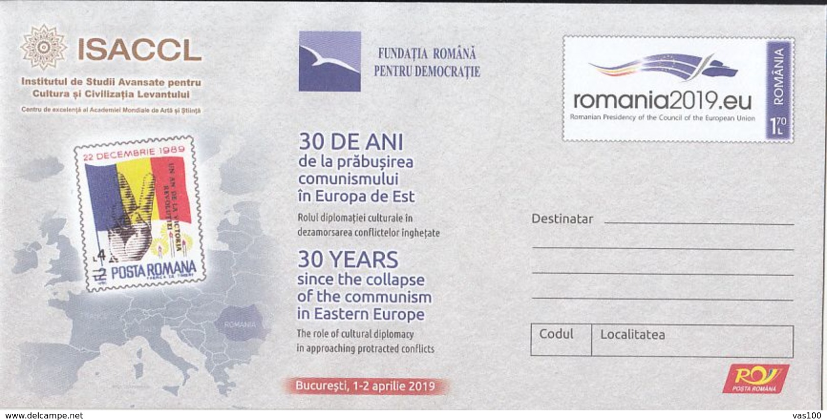 COLLAPSE OF COMMUNISM IN EASTERN EUROPE, COVER STATIONERY, ENTIER POSTAL, 2019, ROMANIA - Postal Stationery