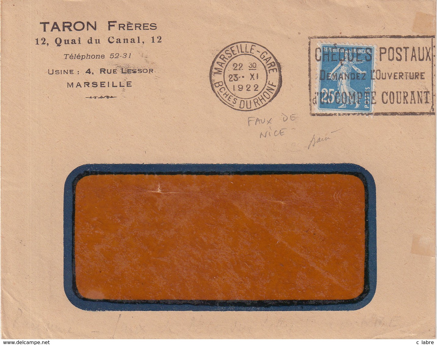 FRANCE : 25 Cts BLEU. TYPE SEMEUSE . FAUX DE NICE . SIGNE BAUDOT . TB . 1922 . - 1921-1960: Période Moderne