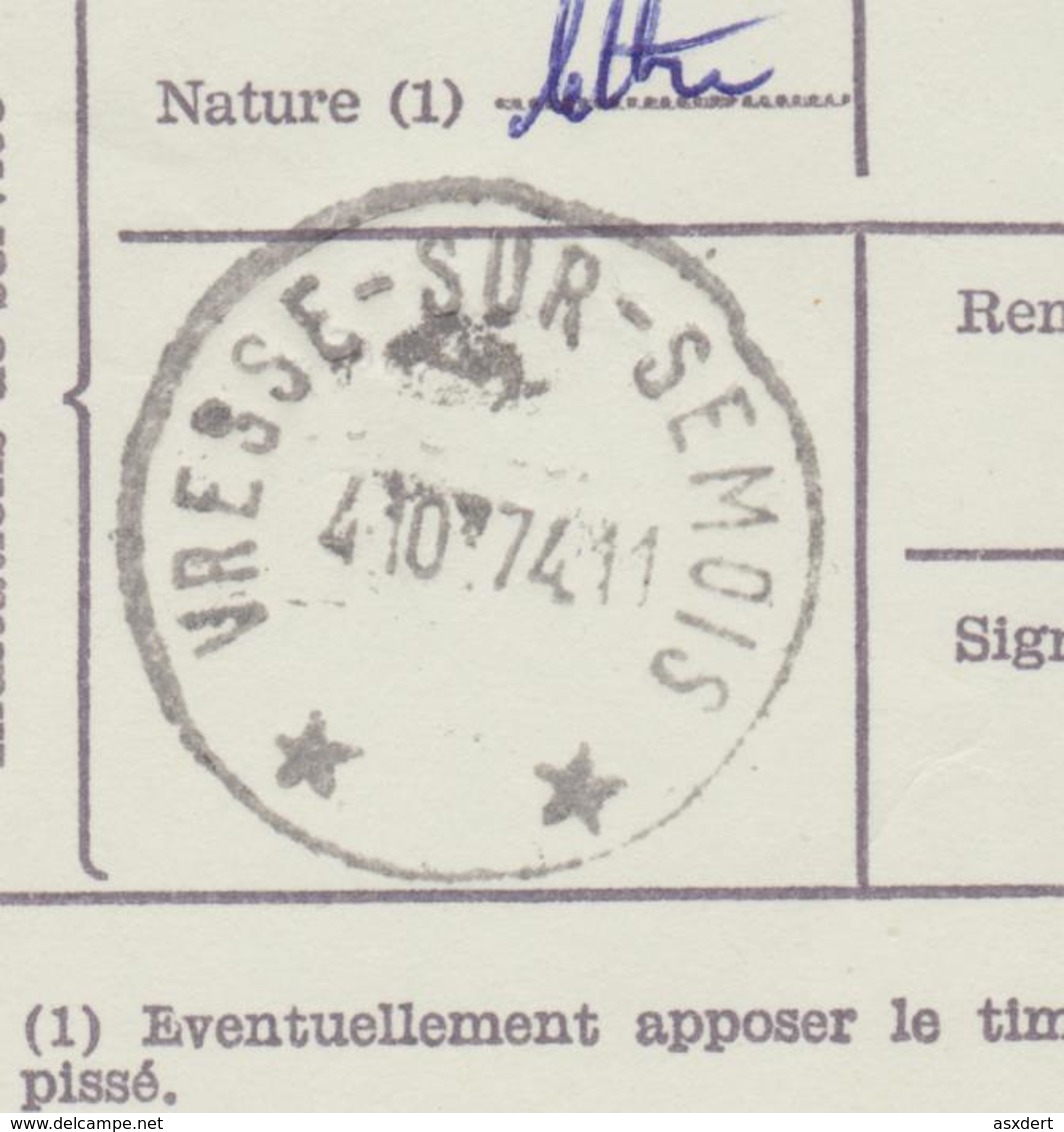 Récépissé Envoi Recommandé. Relais Vresse-Sur-Semois - 1974 - Postmarks With Stars