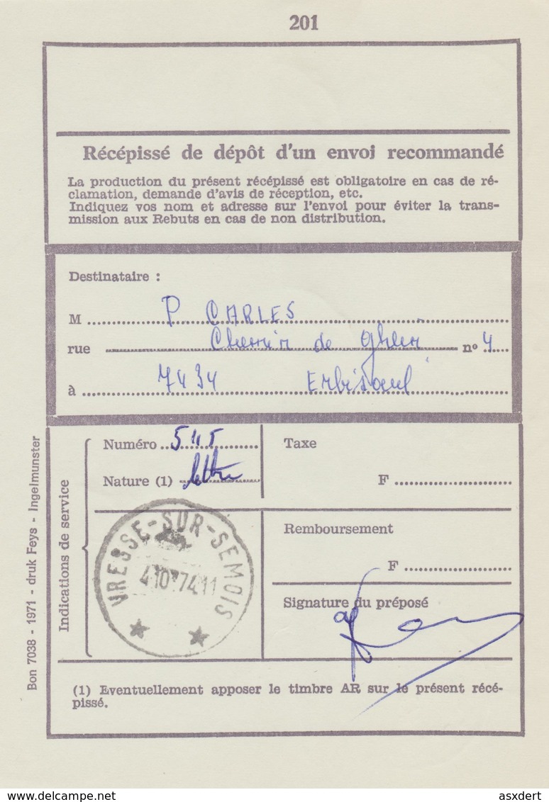 Récépissé Envoi Recommandé. Relais Vresse-Sur-Semois - 1974 - Postmarks With Stars