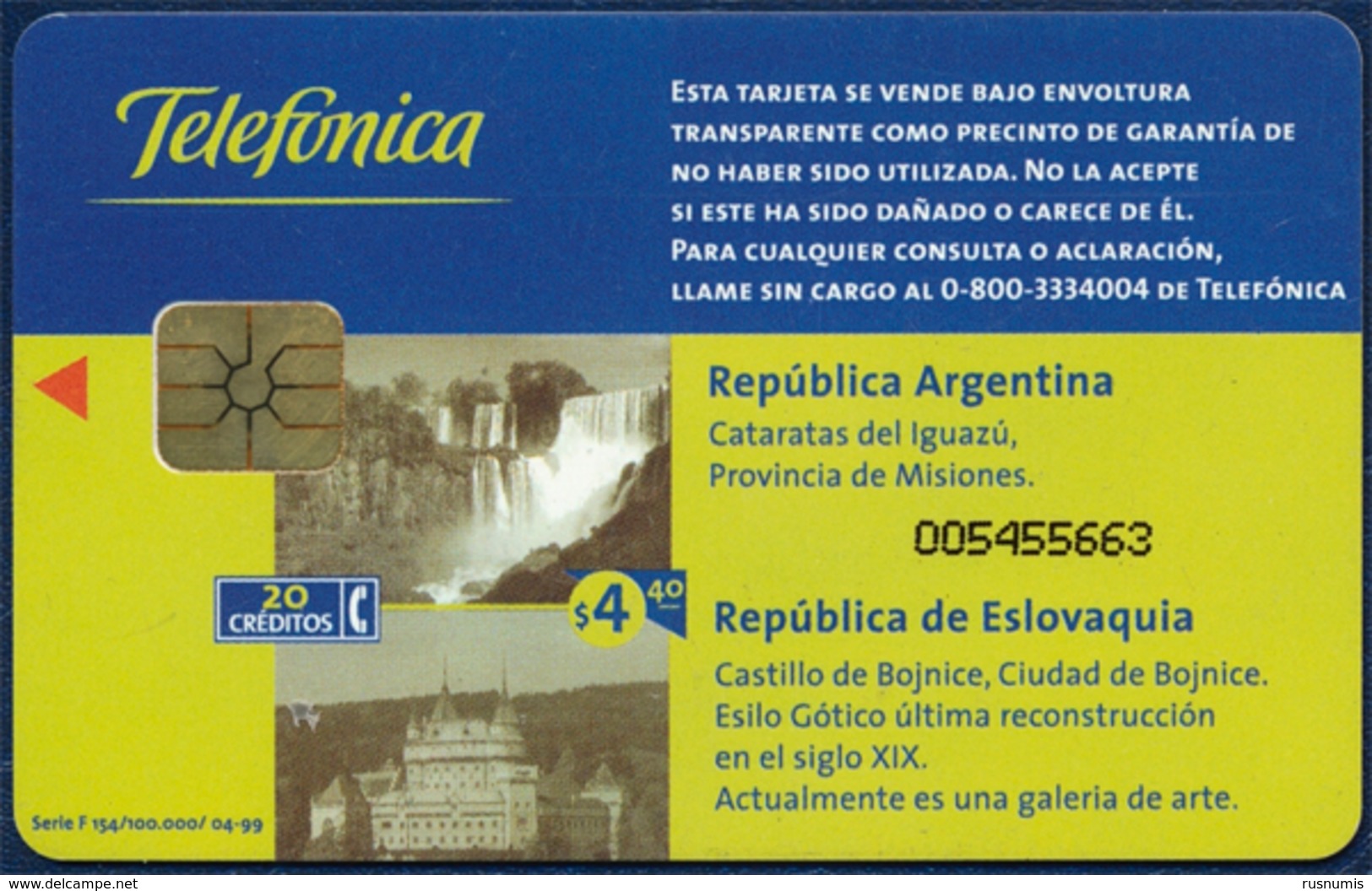 ARGENTINA - ARGENTINE - ARGENTINIEN TELEFONICA 20 UNITS CHIP PHONECARD TELECARTE ESLOVAQUIA - SLOVAKIA CASTLE WATERFALL - Argentina