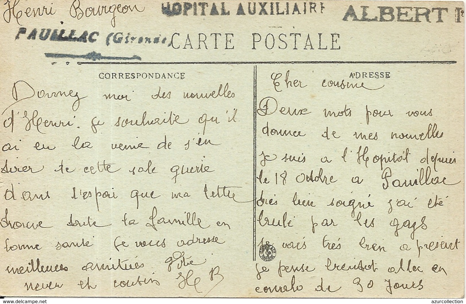 HOPITAL AUXILLIAIRE ALBERT 1ER . PAUILLAC - Guerre De 1914-18