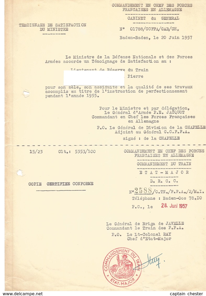 Commandement En Chef Des Forces Françaises En Allemagne - Témoignage De Satisfaction Du Ministre 1957 - Documents