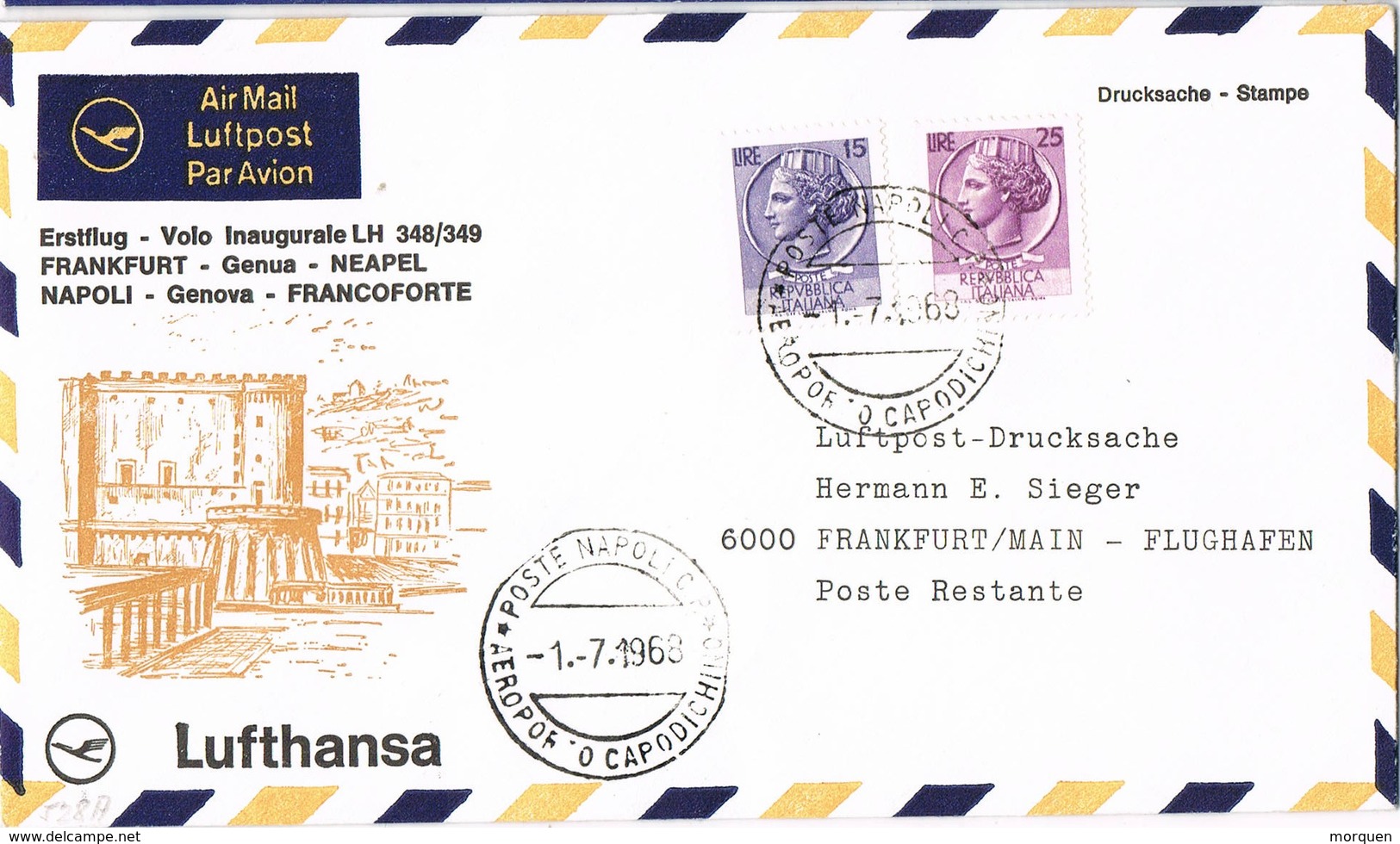 32939. Carta Aerea First Fligth, Volo Inaugurale NAPOLES A Frankfurt 1968. Lufthansa - Posta Aerea