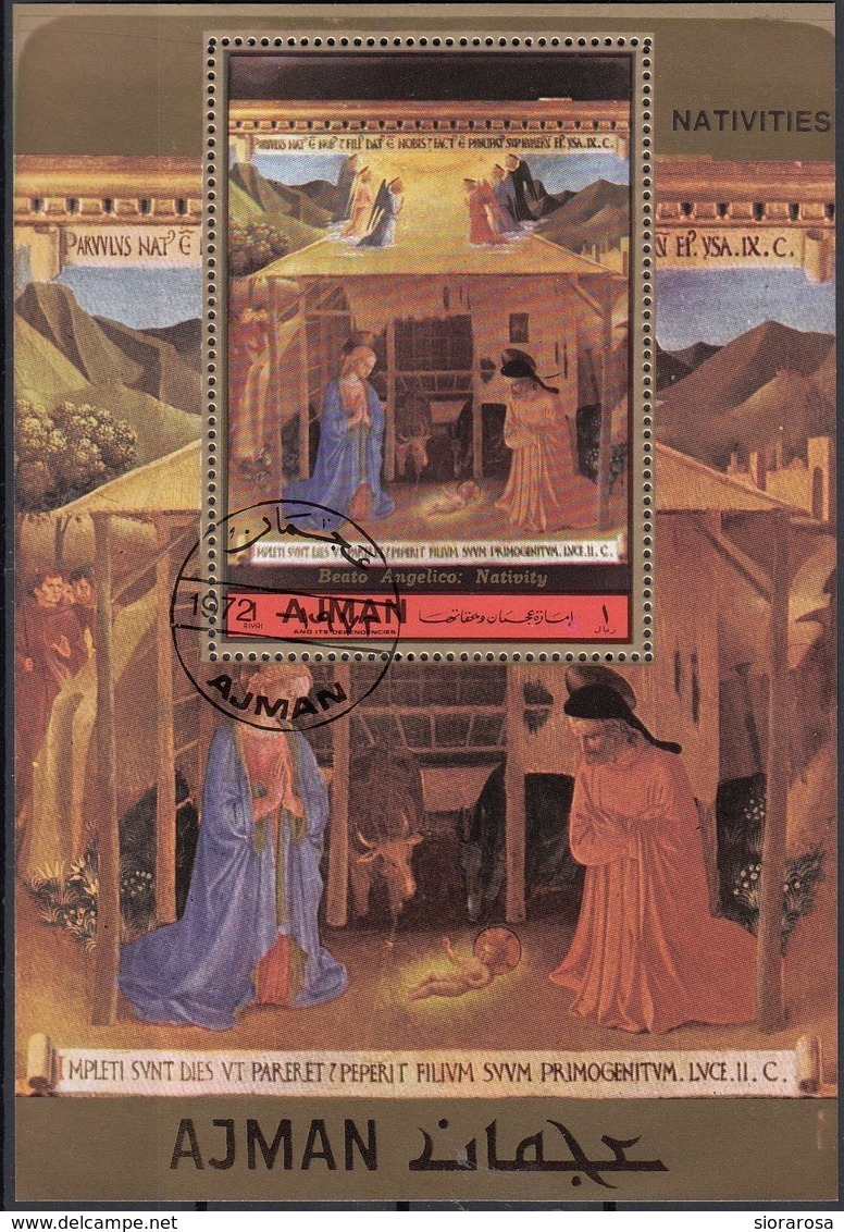 Ajman 1972 Bf. 421A "Natività" Quadro Dipinto Da Beato Angelico Paintings Tableaux Sheet  Perf. CTO - Ajman