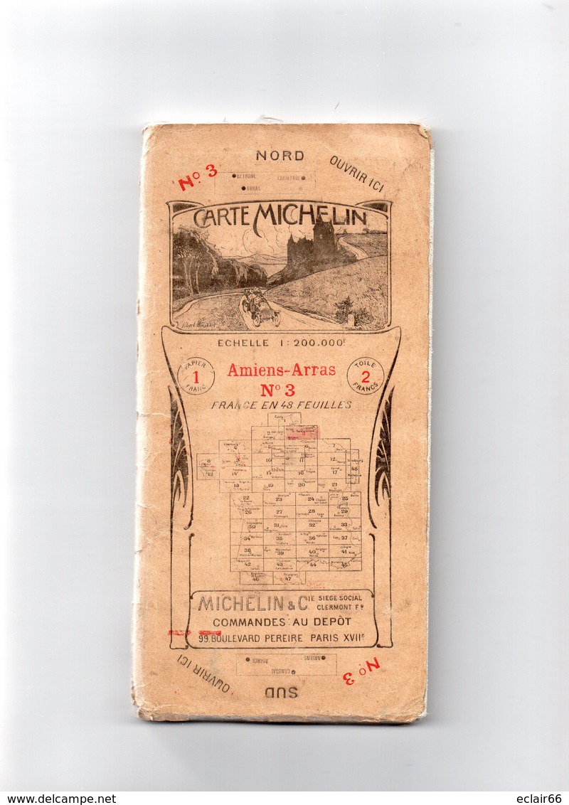 CARTE MICHELIN De LA FRANCE. N°3.AMIENS -ARRAS  Du Nord Au Sud Toilée. 1914-1918 VOIR SCANNES - Cartes Routières