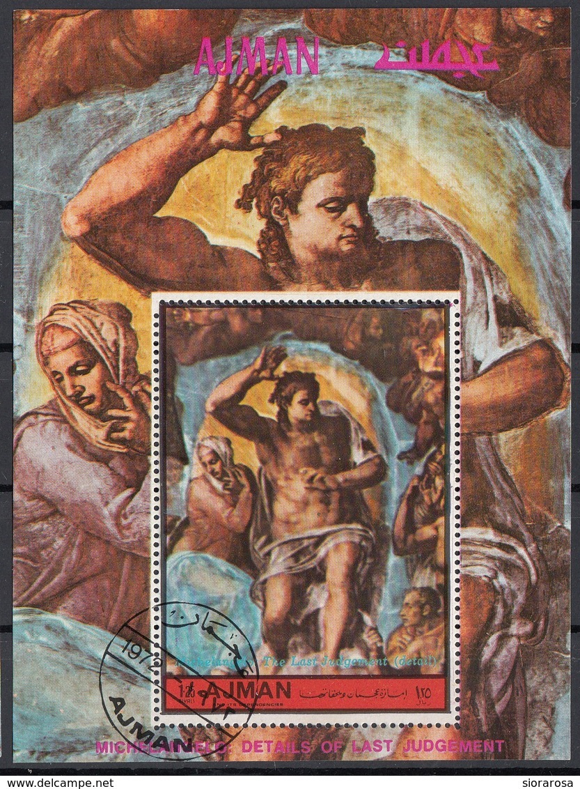 Ajman 1972 Giudizio Universale (Dettaglio : Cristo) Affresco Dipinto Michelangelo Buonarotti Sheet CTO Perf. Paintings - Ajman