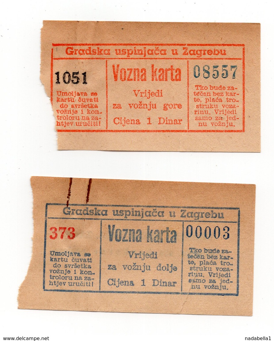 1950? YUGOSLAVIA, CROATIA, ZAGREB CABLE CAR TICKET, ONE FOR UP, ONE FOR DOWN JOURNEY - Other & Unclassified