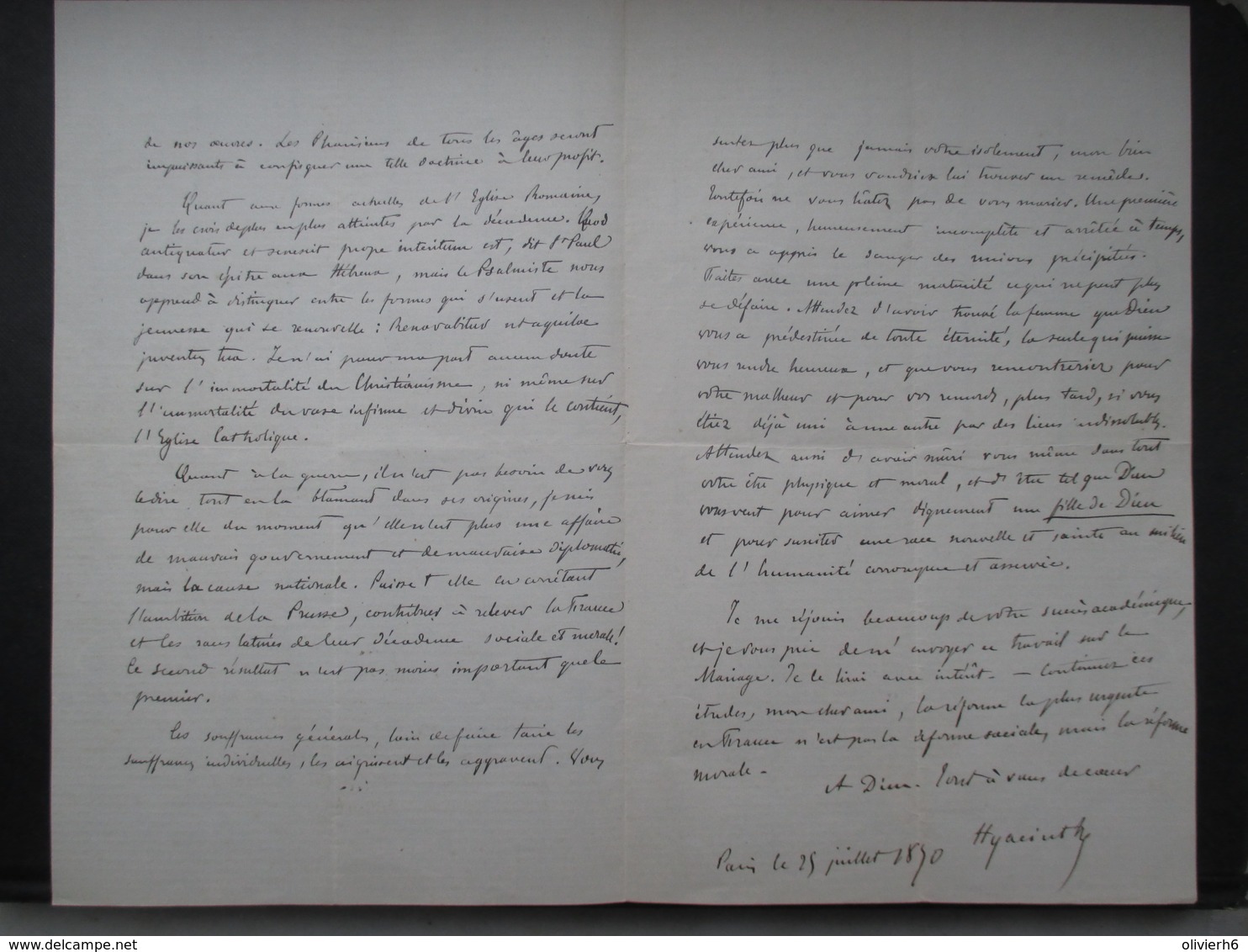 COURRIER AUTOGRAPHE (V1907) CHARLES LOYSON Dit PèRE HYACINTHE (4 Vues) 25 Juillet 1870 - Autres & Non Classés