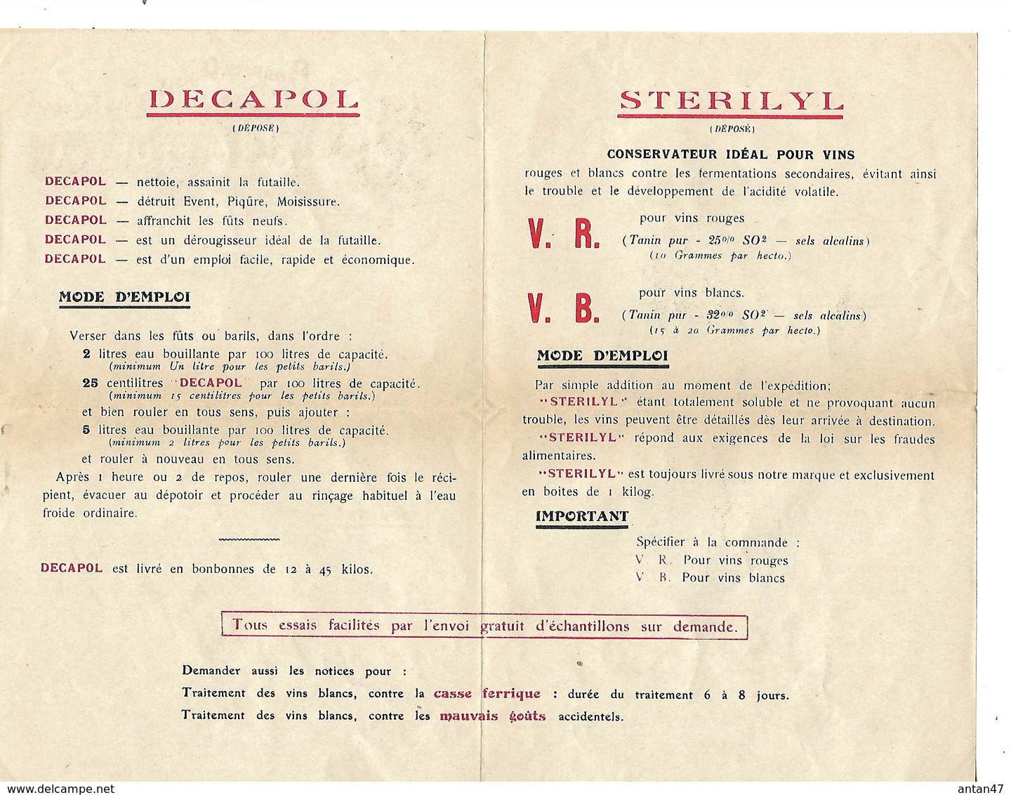 Résultats Essais Produits Oenologiques / 31 BORDEAUX / J. LAFFORT / Traitement Contre Casse Férrique Et Mauvais Goût - 1900 – 1949