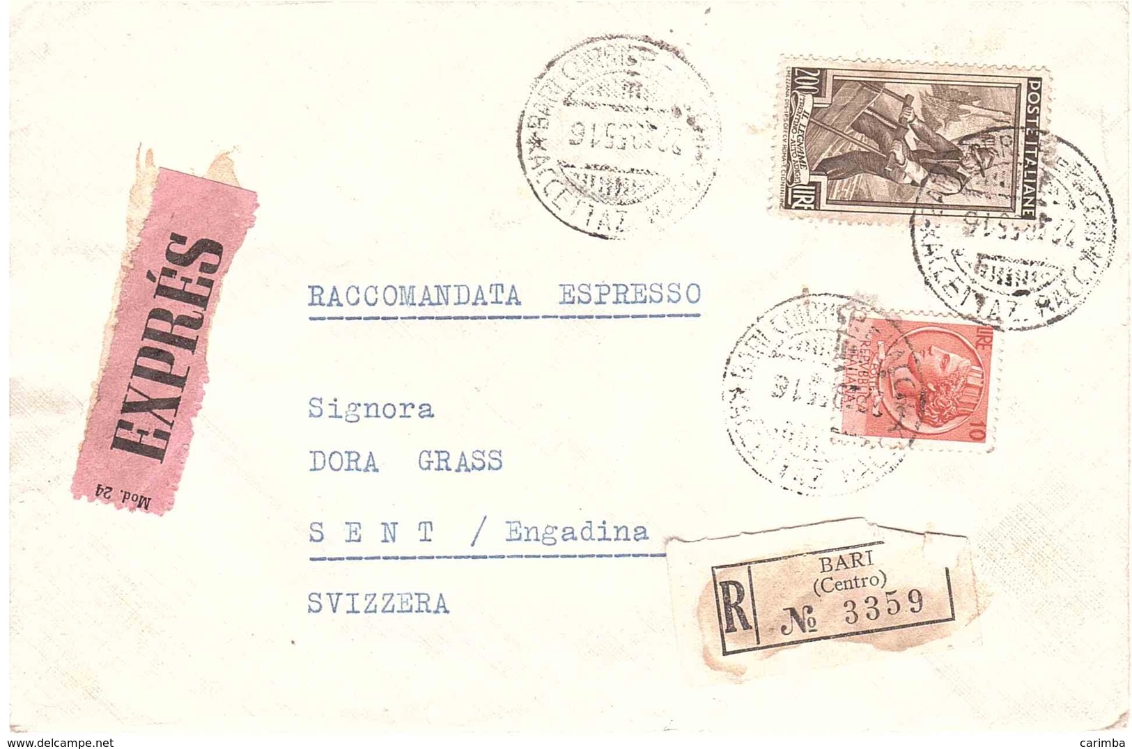 RACCOMANDATA ESPRESSO X ESTERO CON £200 ITALIA LAVORO - 1946-60: Storia Postale