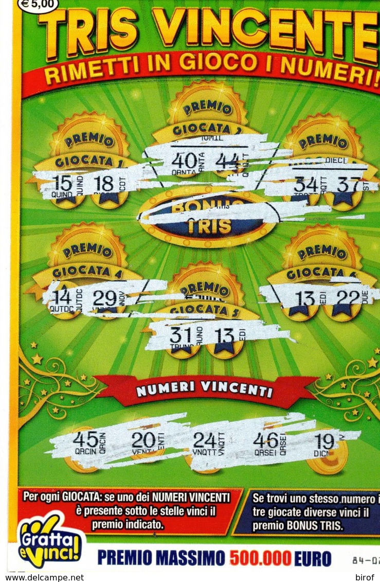 GRATTA E VINCI   - TRIS VINCENTE  DA € 5.00 - USATO -  (VARIANTE VERDE CHIARO) - Biglietti Della Lotteria